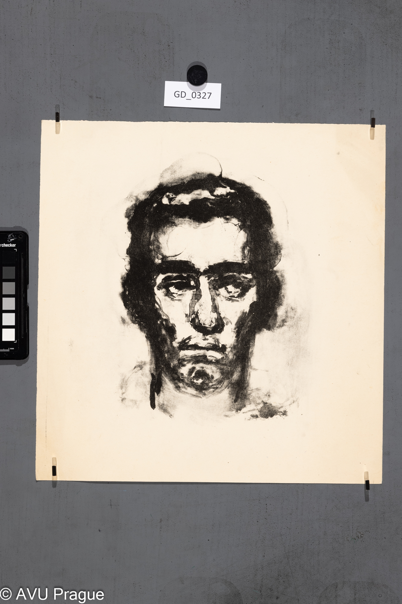 Karel Paták ?, Hlava muže, Litografie - lavírovana tuž, 35 x 33,6 , Pukl