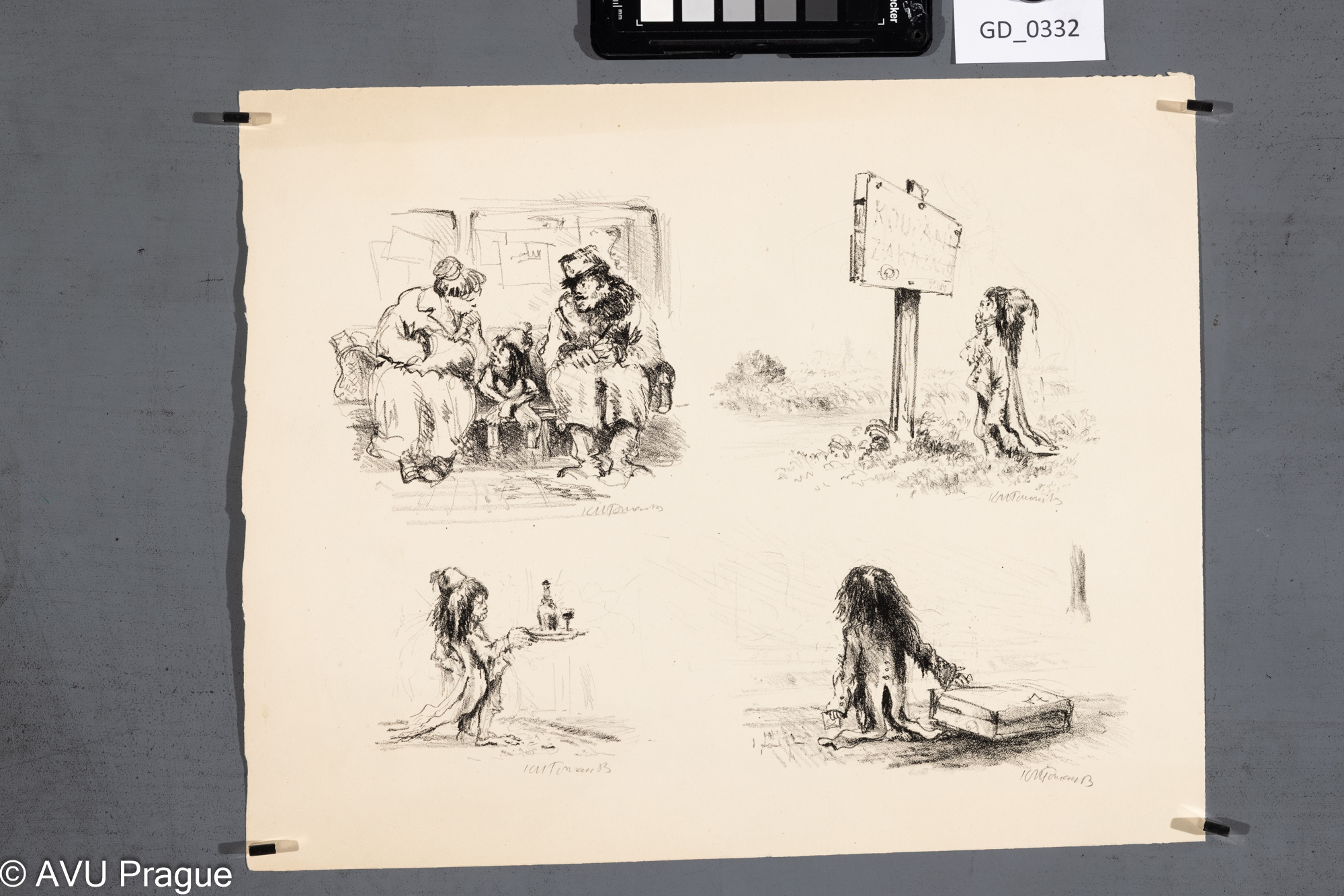 Karel Toman, Ilustrace 4x výjev ze života vodníka, 1953,Litografie, 28,5 x 35Pukl