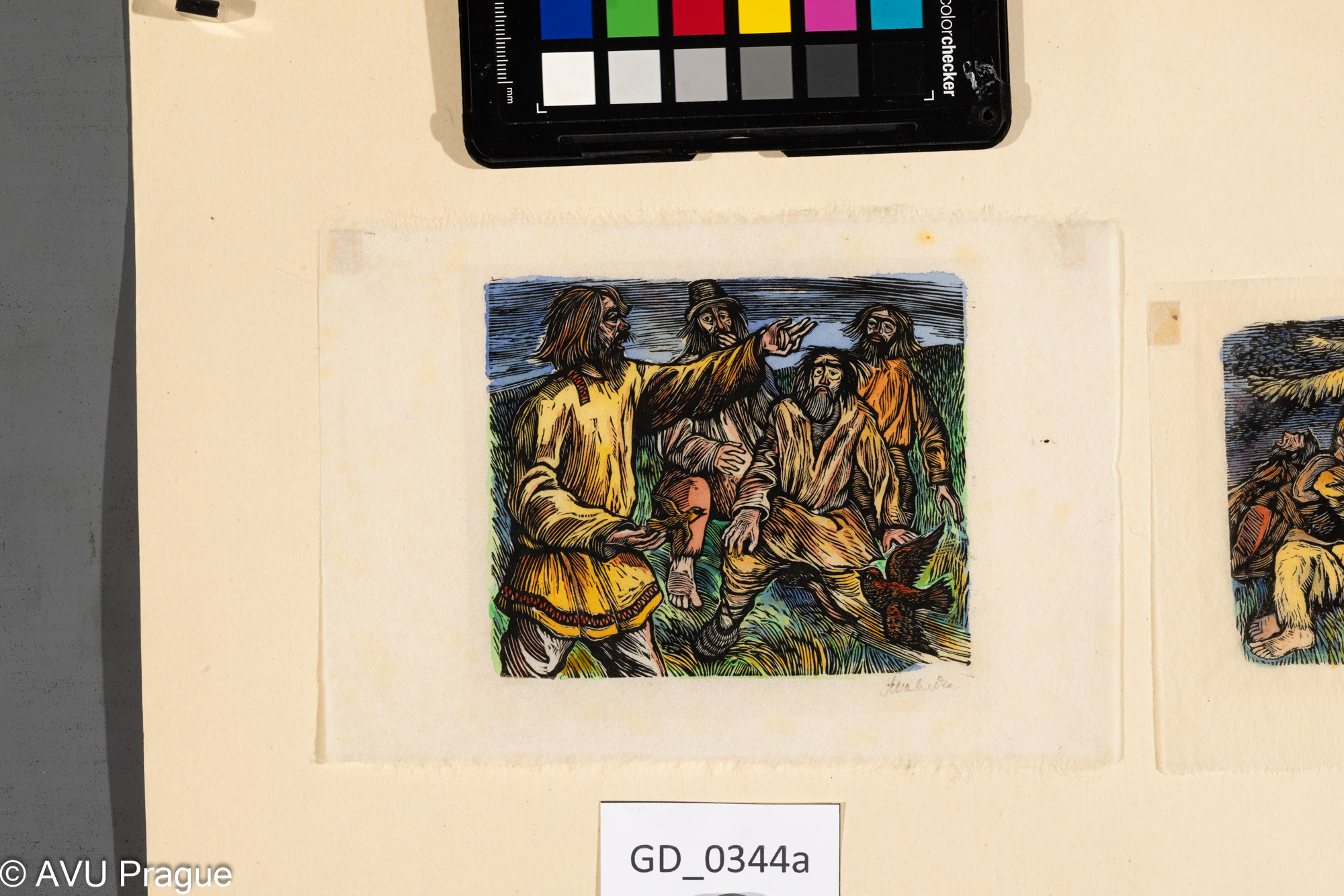 Zděněk Majzner, Ilustrace - lidové motivy, 1954, Dřevoryt, /kolorováno, 10, 5 x 12 ; 12,5 x 18, Pukl,společná pasparta