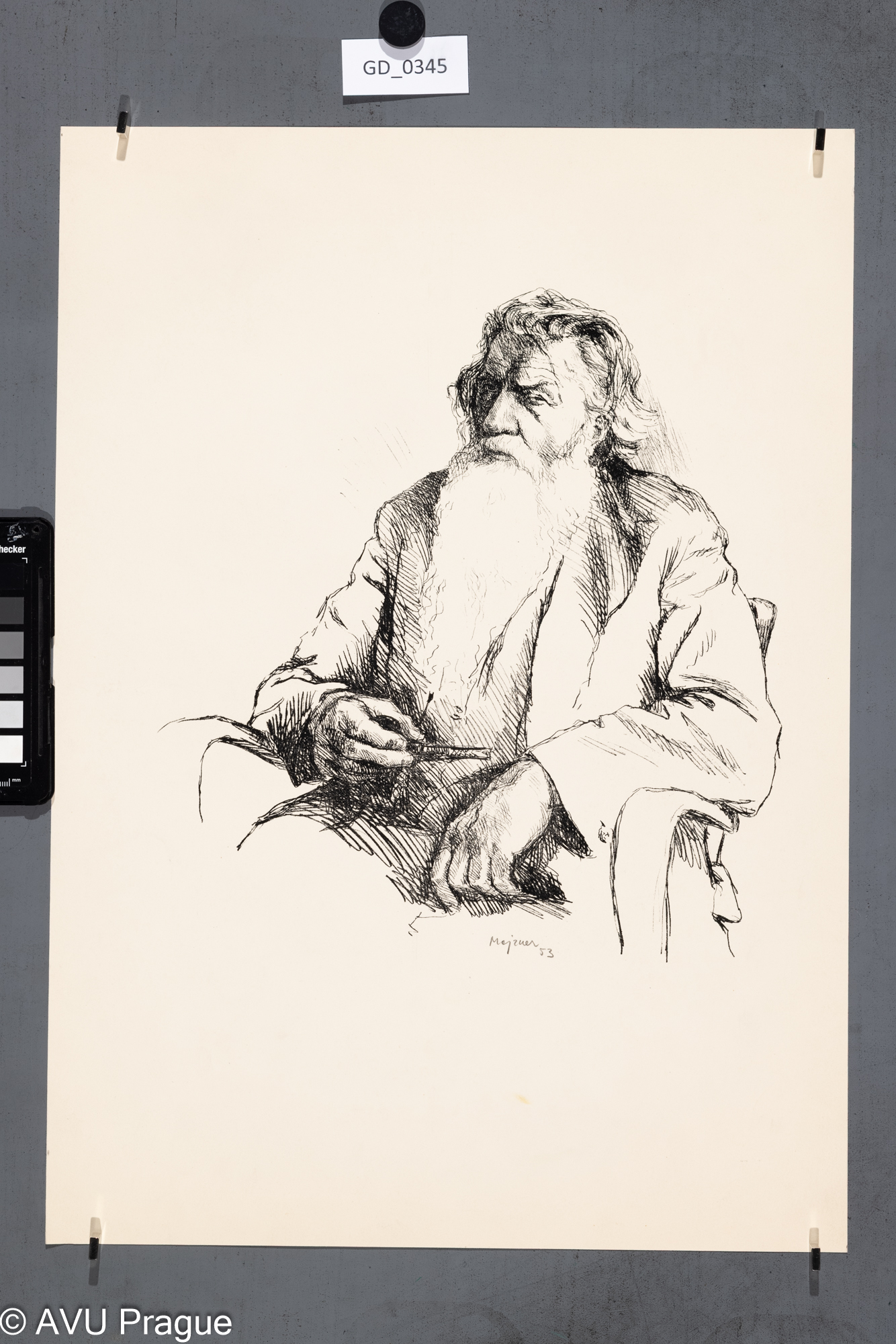 Zděněk Majzner, Muž s vousy a dýmkou, 1953, Litografie,48,7 x 34,7, Pukl