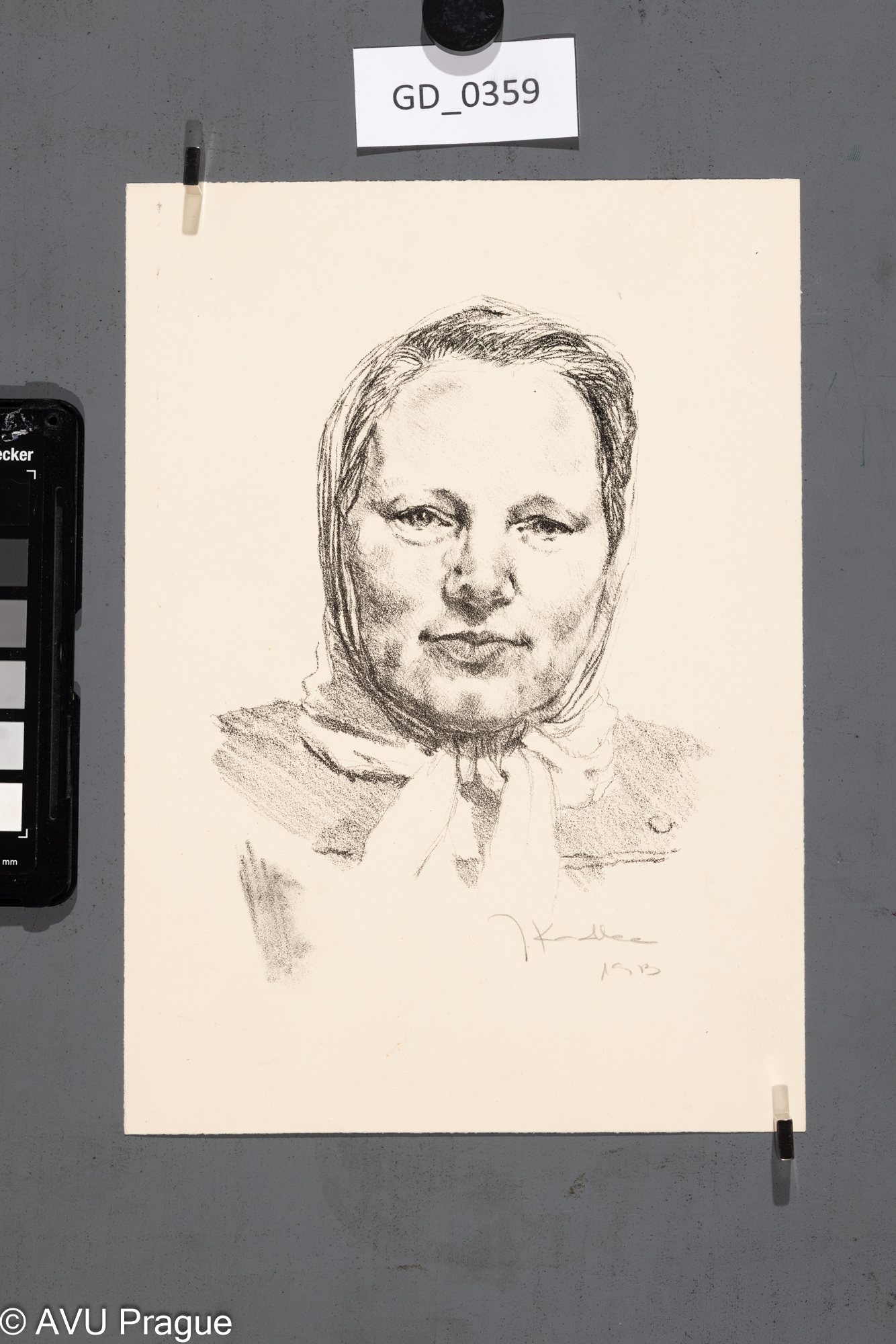 Jaroslav Kadlec, Hlava ženy s šátkem, 1953, Litografie,23,5 x 16,7, Pukl