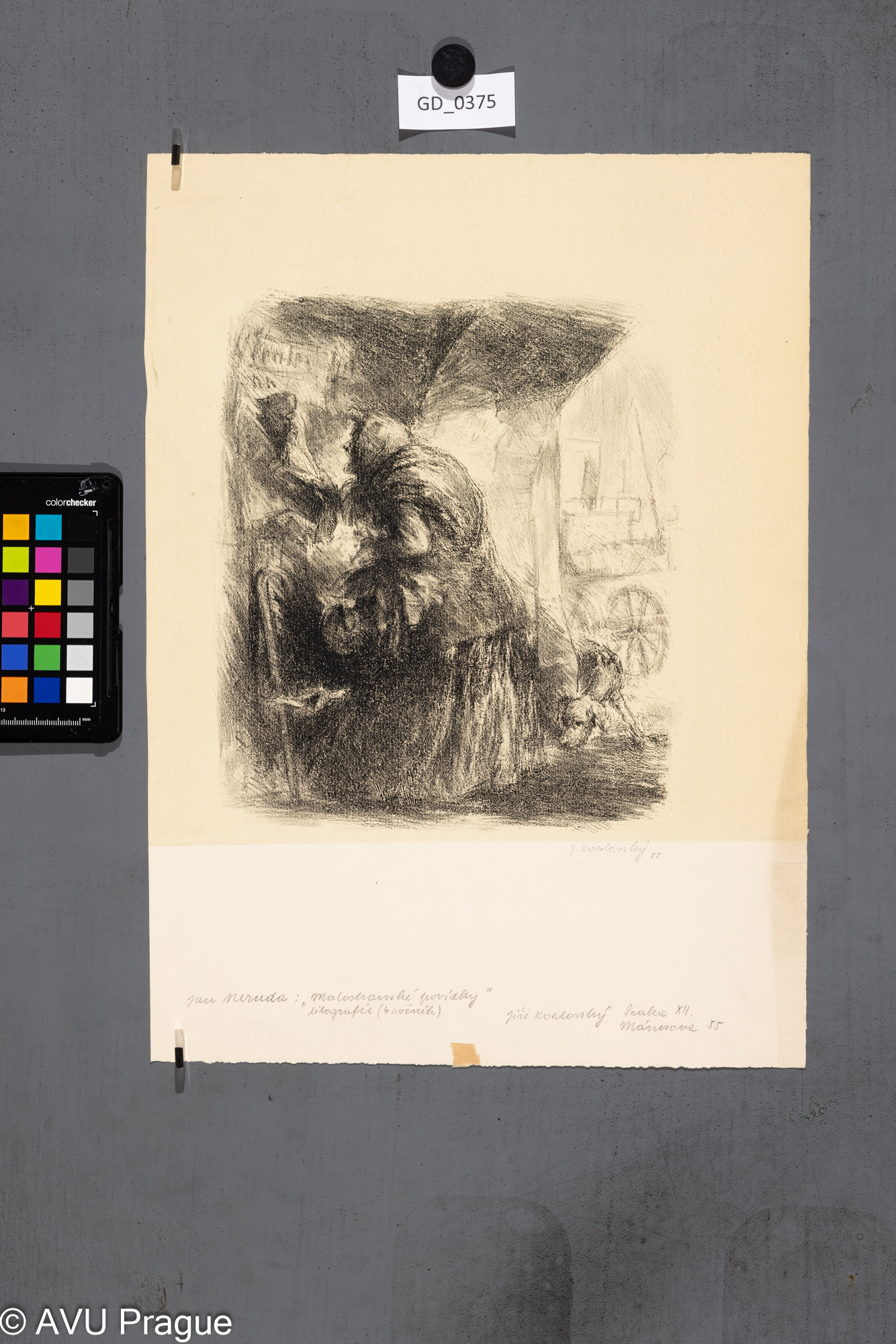 Jiří Kozlovský, Žánrový výjev - stará žena se psem- Malostranské povídky (Neruda), 1955, Litografie - podtisk, 32 x 30,5, 42,3 x 30,5Pukl