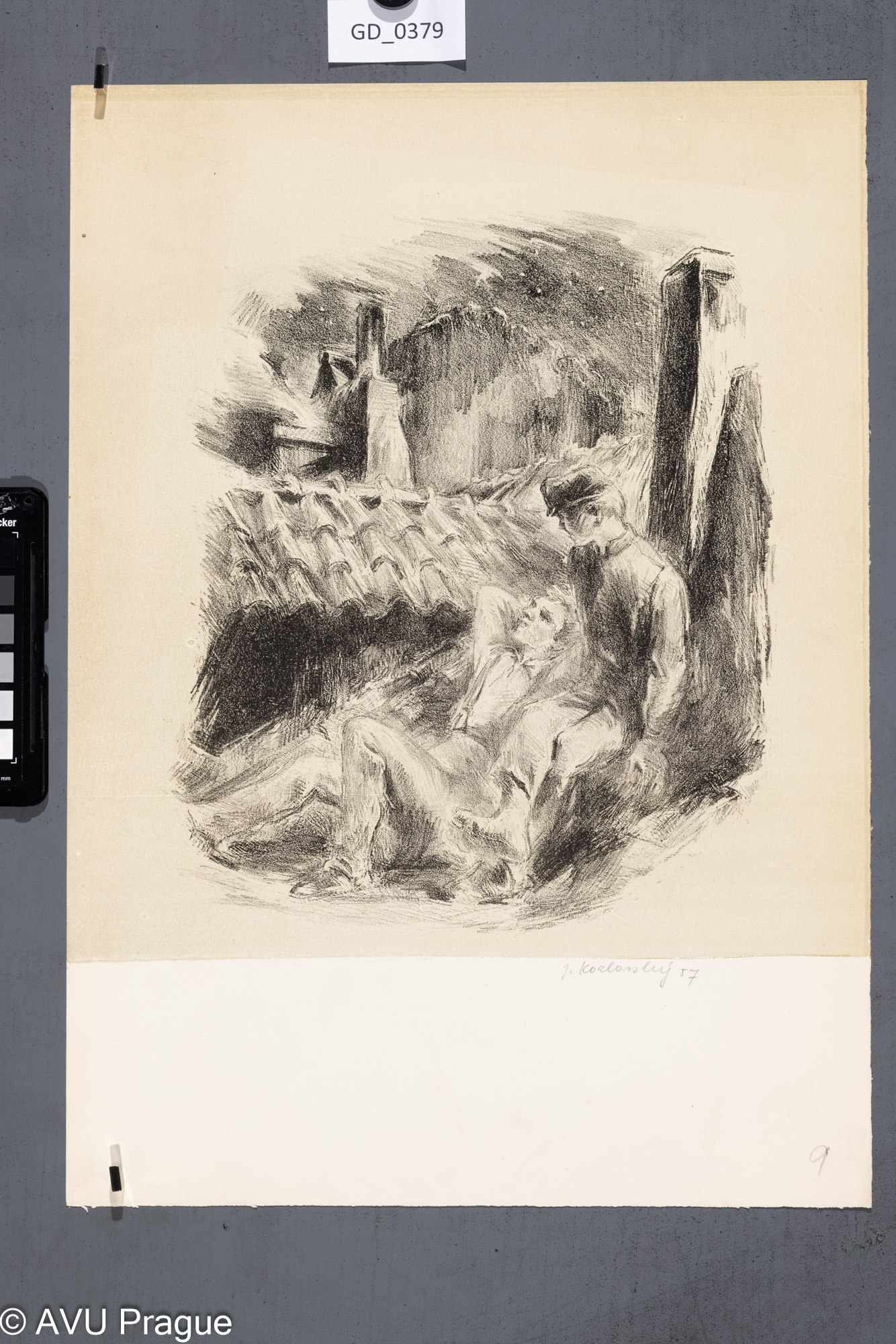 Jiří Kozlovský, Dva muži na střeše pod oblohou, 1957,Litografie - podtisk, 34,5 x 31,4, 44,2 x 31,4, Pukl