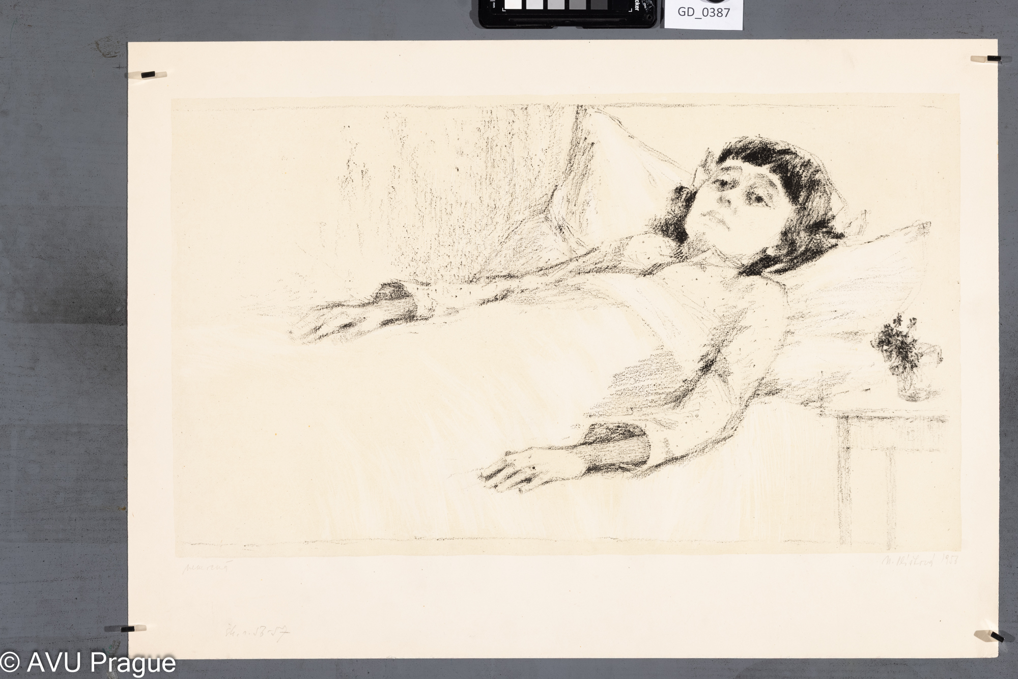 Naděžda Plíšková, Nemocná dívka,1956, Litografie - podtisk,32,1 x 55, 40,8 x 61, Souček