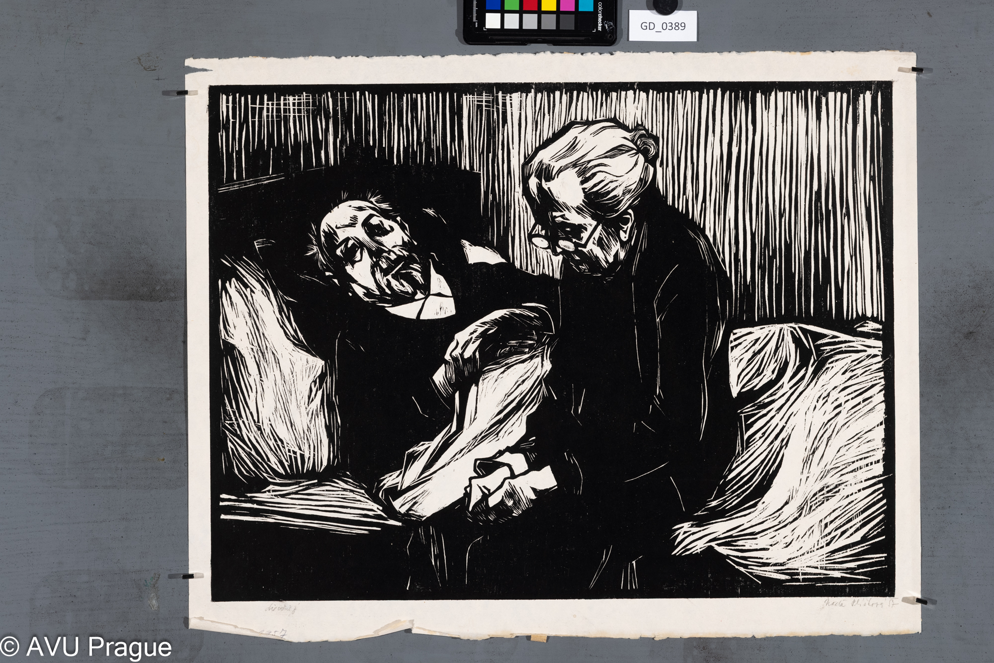 Naděžda Plíšková, U nemocného,1957, Dřevořez, 42 x 55,1, 47,5 x 59,5Souček