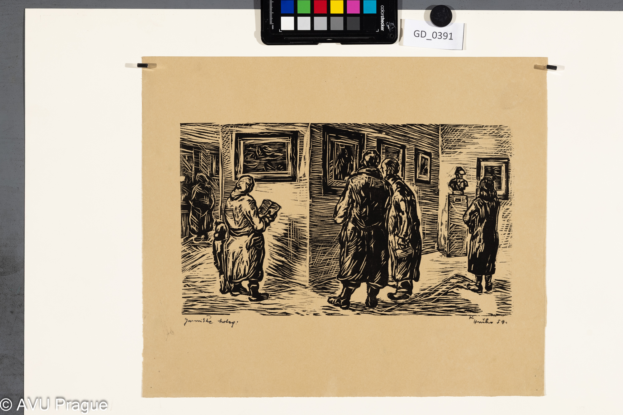 Karel Hučko, V galerii, 1959,Dřevorěz / lino, 17.5 x 30,5, 31,1 x 36,8Silovský