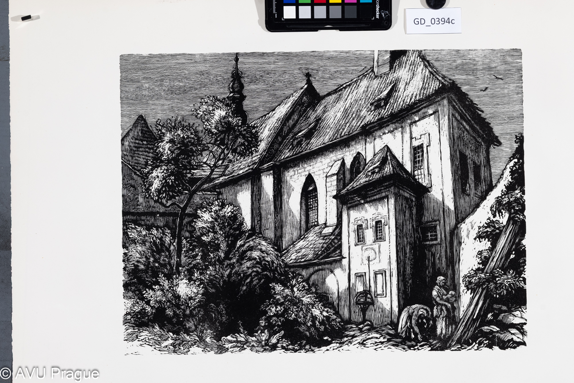 Neurčen, Žánrový výjev s kostelíkem, Dřevoryt, 29 x 40,26,2 x 61,6, Silovský ?