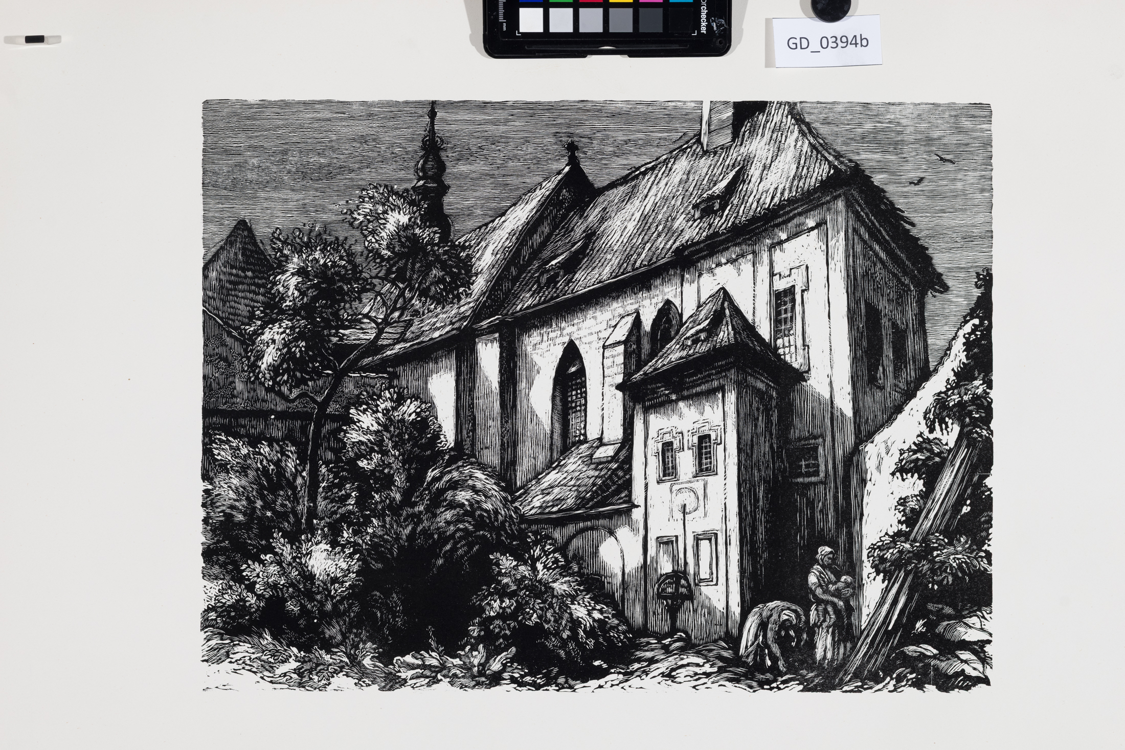 Neurčen, Žánrový výjev s kostelíkem, Dřevoryt, 29 x 40,46,5 x 62,3, Silovský ?