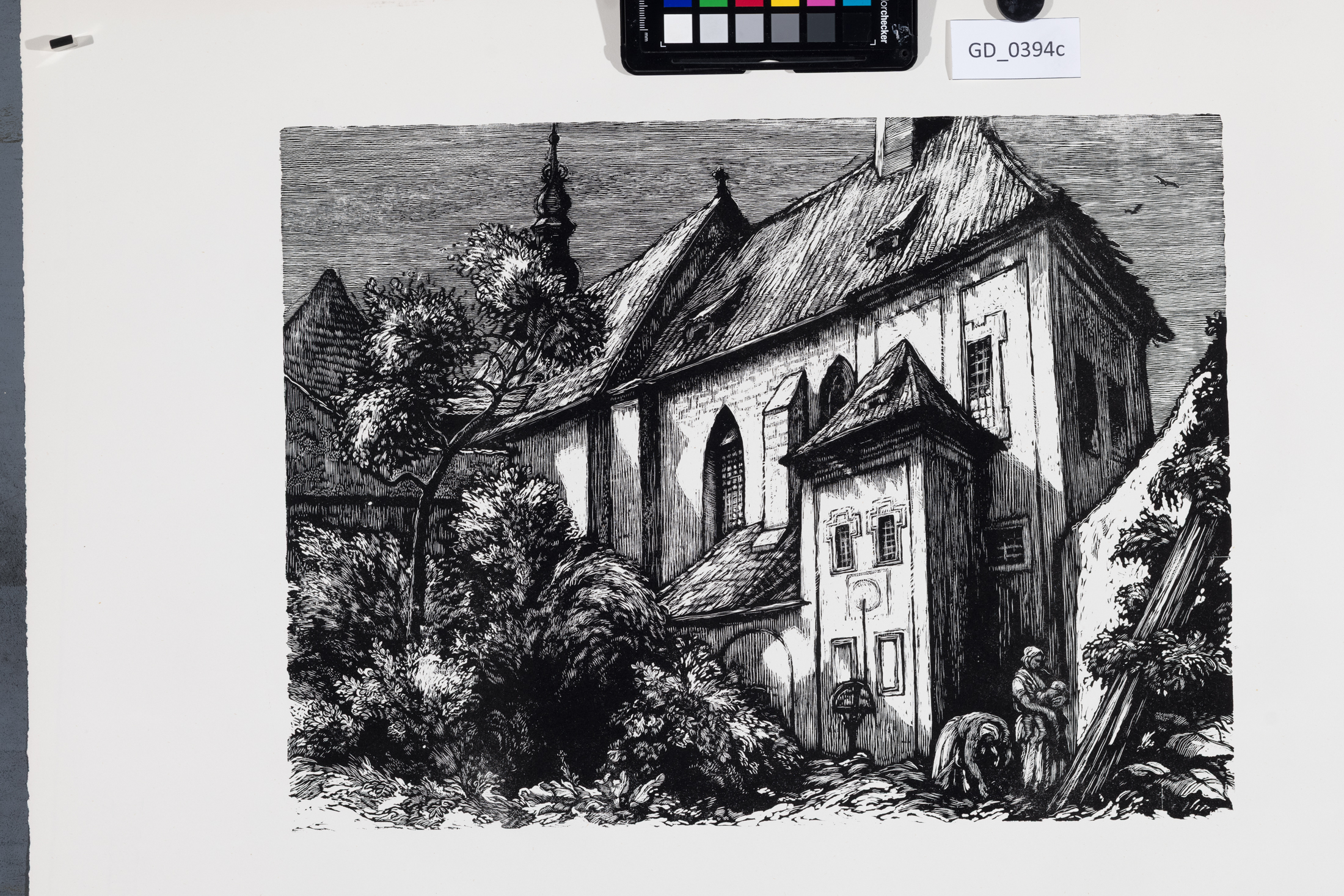 Neurčen, Žánrový výjev s kostelíkem, Dřevoryt, 29 x 40,26,2 x 61,6, Silovský ?