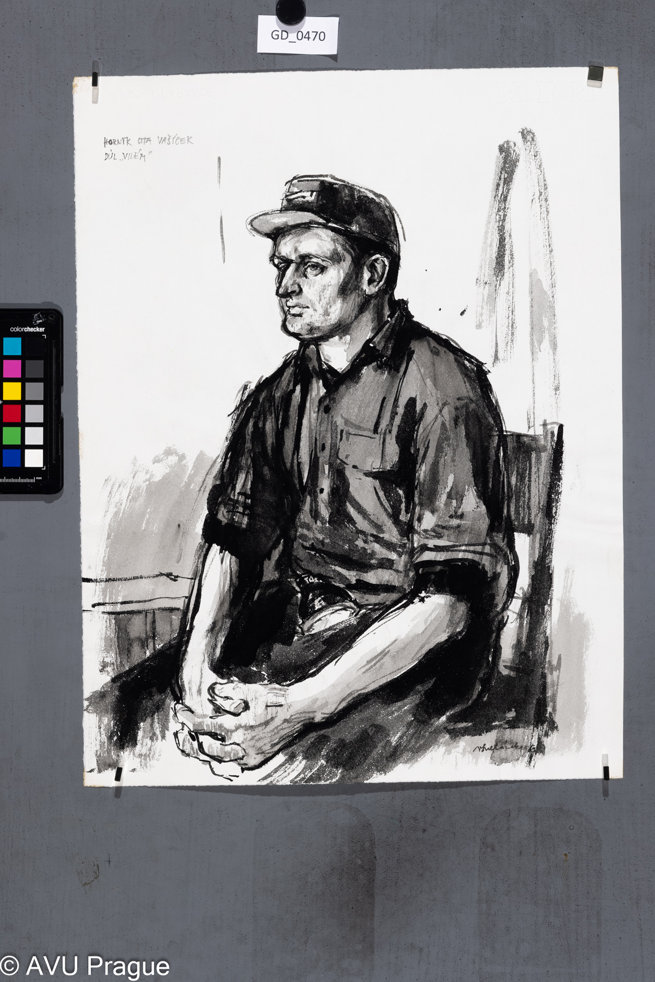 Vladimír Suchánek, Horník Ota Vašíček, 1961, Kresba tuší,48 x 36,5, Důl Vílém