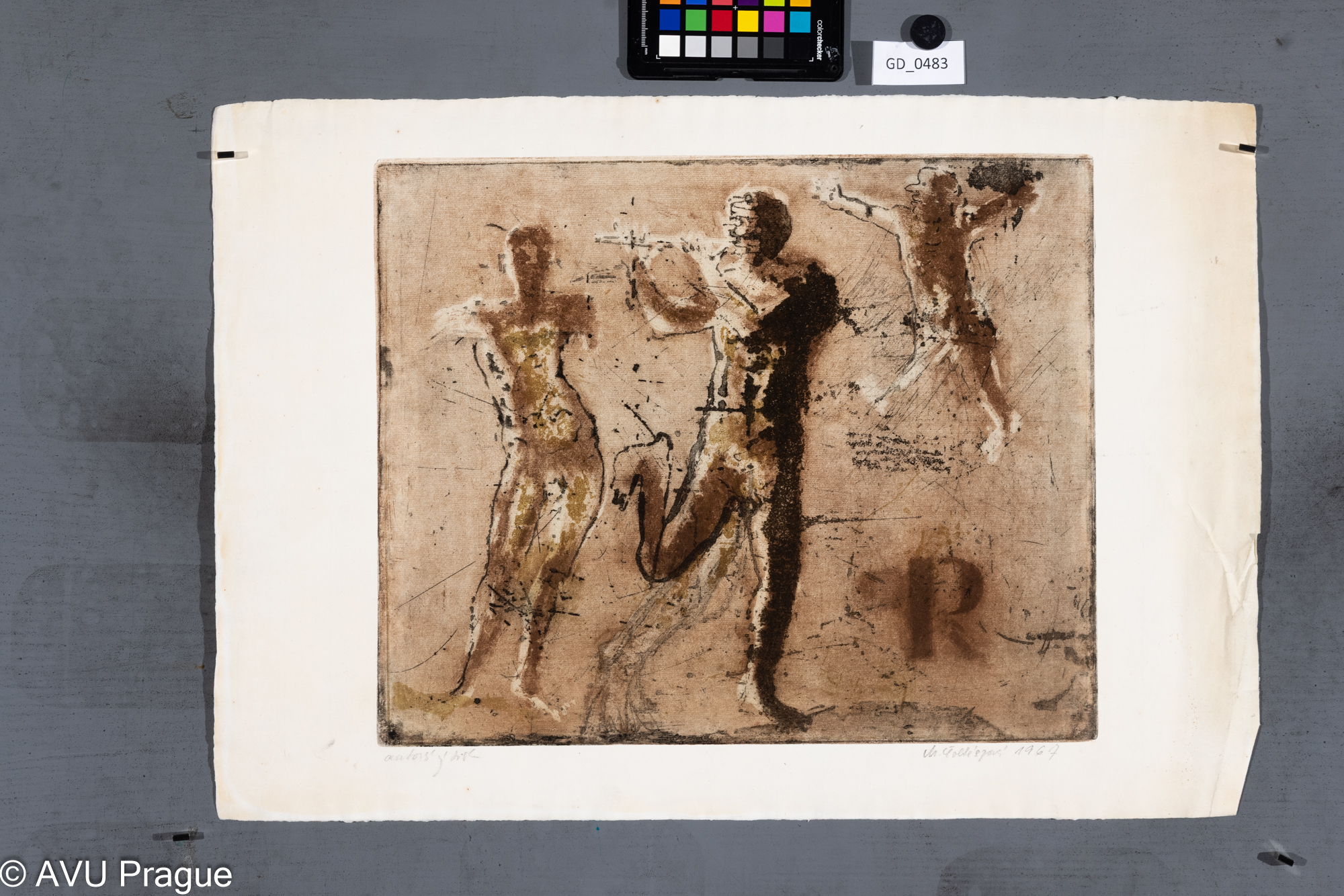 Milena Šoltészová, Tři figury,Rezerváž - dvě desky, barevné,34 x 41,5, 42 x 60,4,Pelc