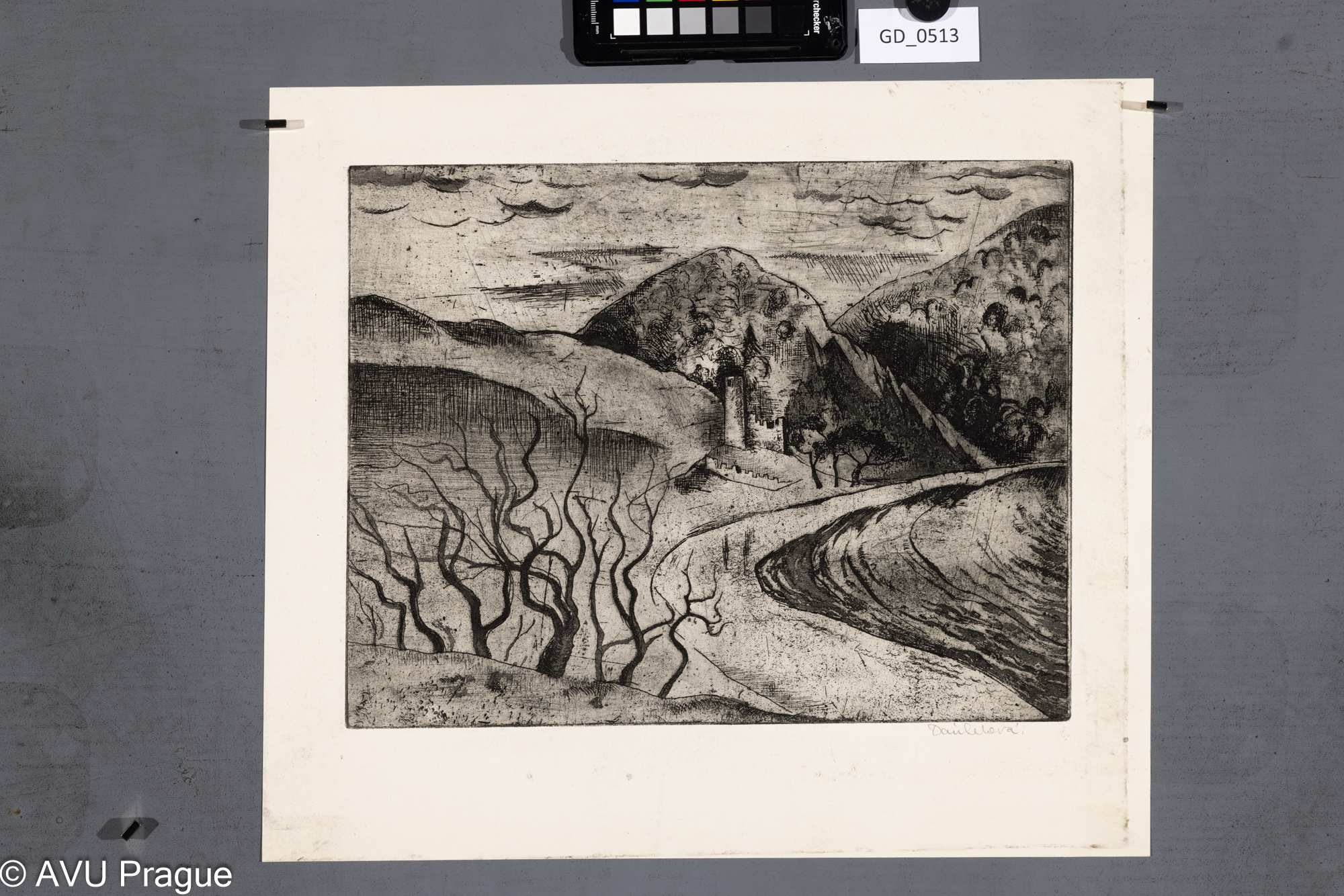 Milada Daňhelová, Krajina - tvrz v údolí, Lept / akvatinta, 25,5 x 33,2, 35,7 x 40,2, Tittelbach