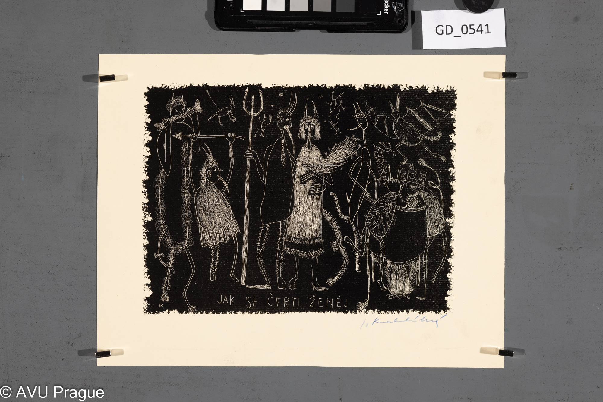 J. K , Jak se čerti ženěj,Litografie  škrábaná, 14,9 x 20,3,20,4 x 26,4
