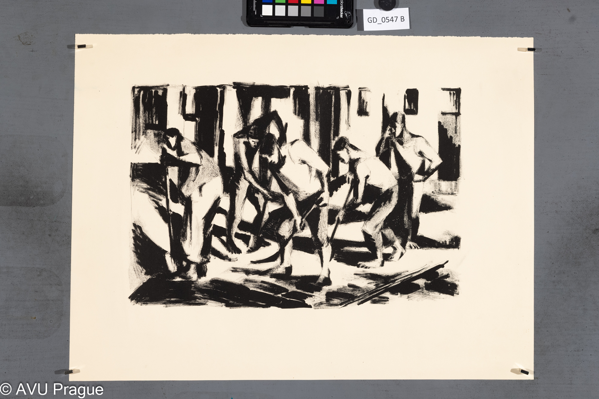 nezjišteno, Úklid ulice - pět figur,60. léta, Litografie , 26 x 38,5 ,40,4 x 54,2