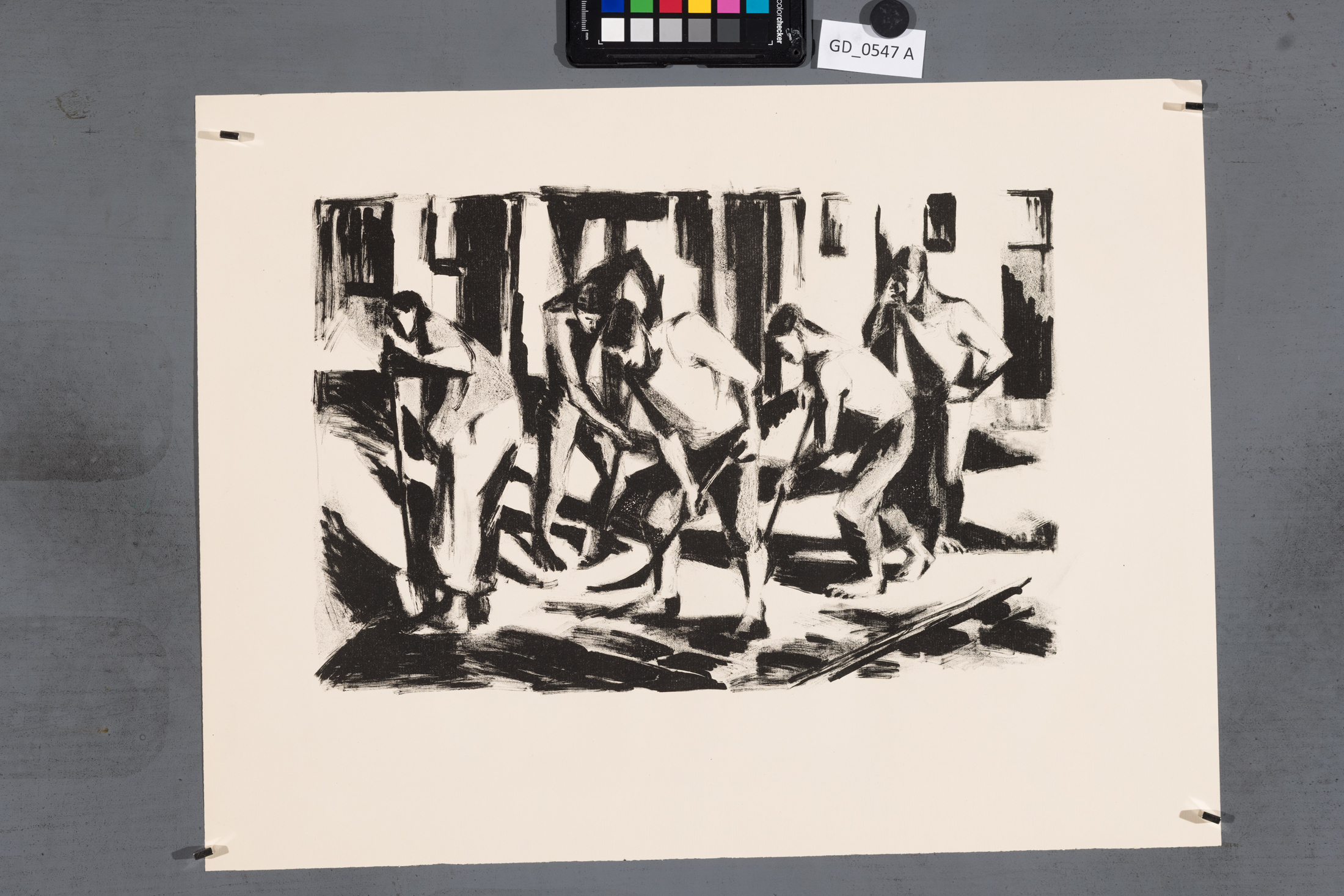Nezjištěno, Úklid ulice - pět figur, 60. léta, Litografie, 26 x 38,5, 40.2 x 52,8