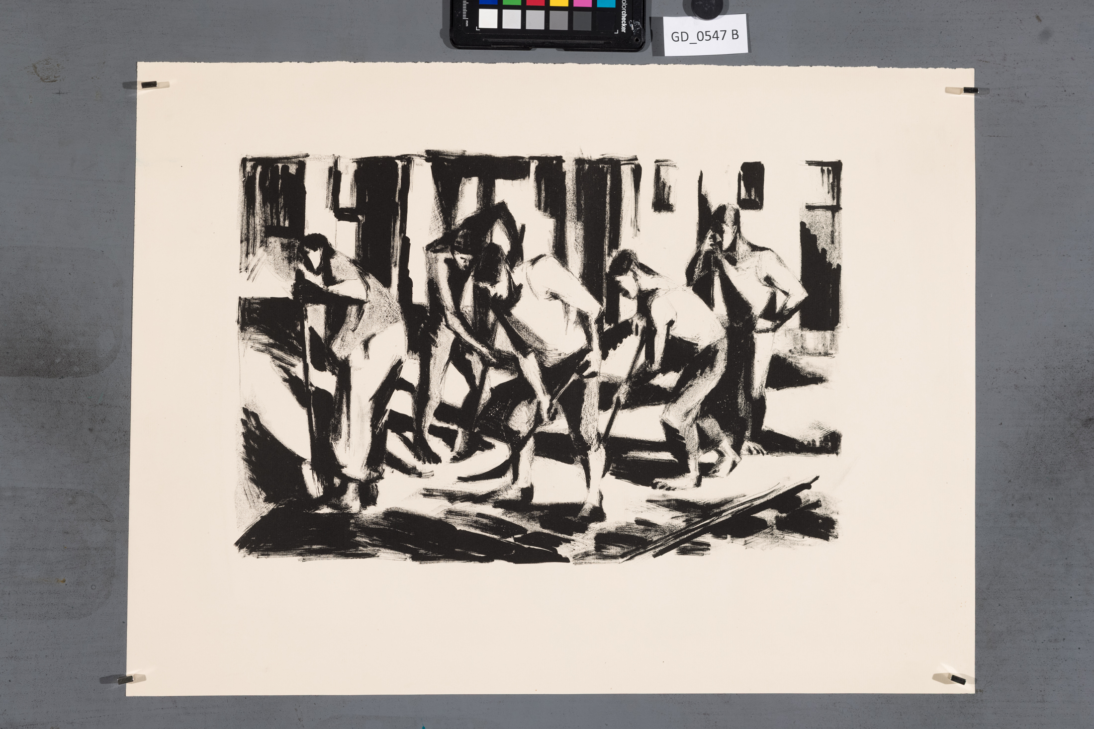 nezjišteno, Úklid ulice - pět figur,60. léta, Litografie , 26 x 38,5 ,40,4 x 54,2