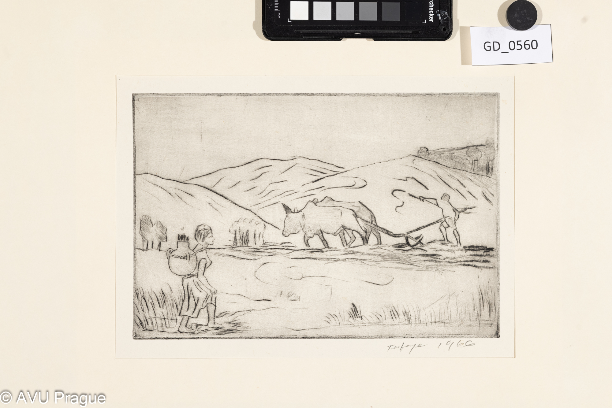 Negatu Tesfaye, Oráč s volkem a žena s nádobou, 1966, Suchá jehla,16 x 24,1, 23,7 x 28,3,Tittelbach