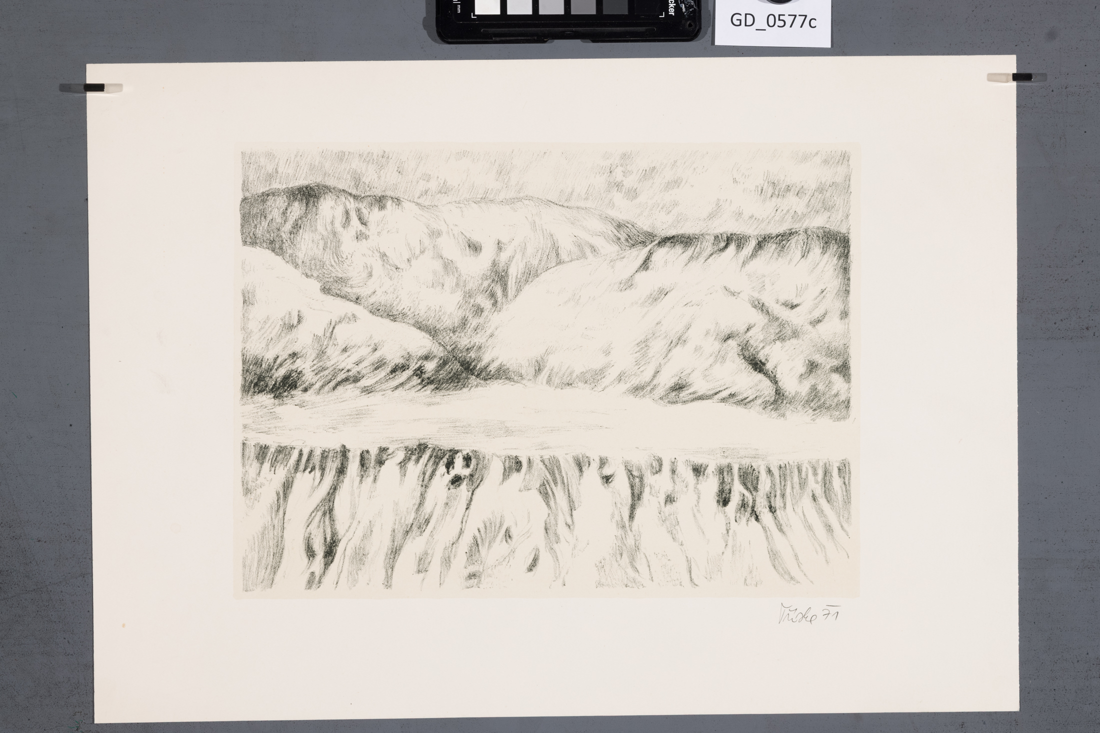 Ivan Tříska, Krajina s pohořím I.,1971, Litografie - podtisk, 21,5 x 29,5, 31 x 43,7, Čepelák