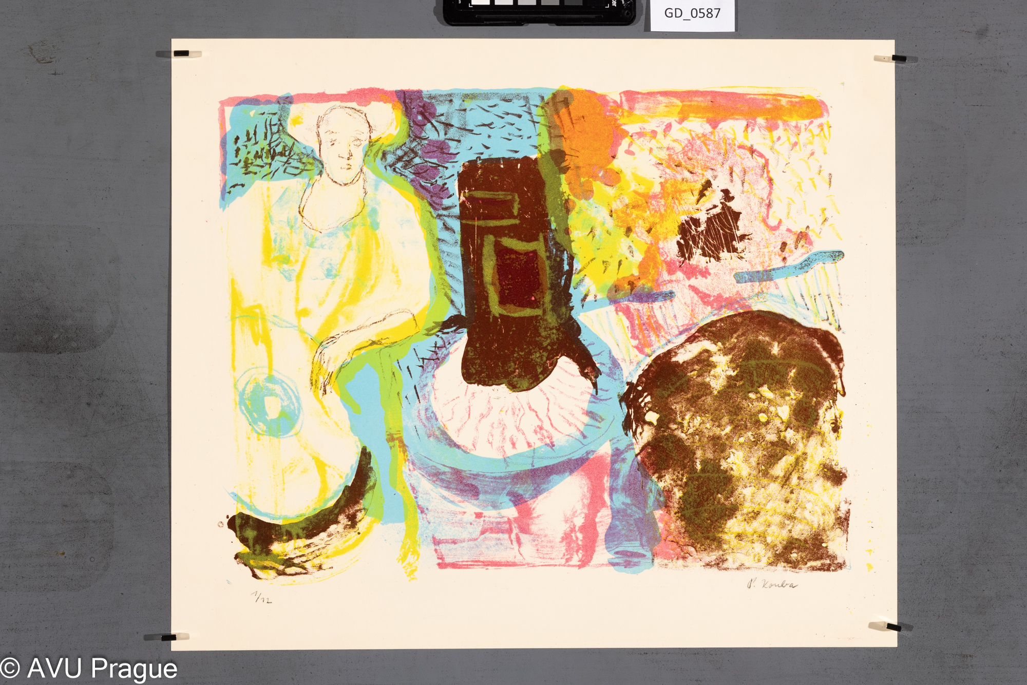 Petr Kouba, Barevná kompozice s figurou, 1970, Litografie -4barvy,32 x 40,3, 39,5 x 47, Čepelák