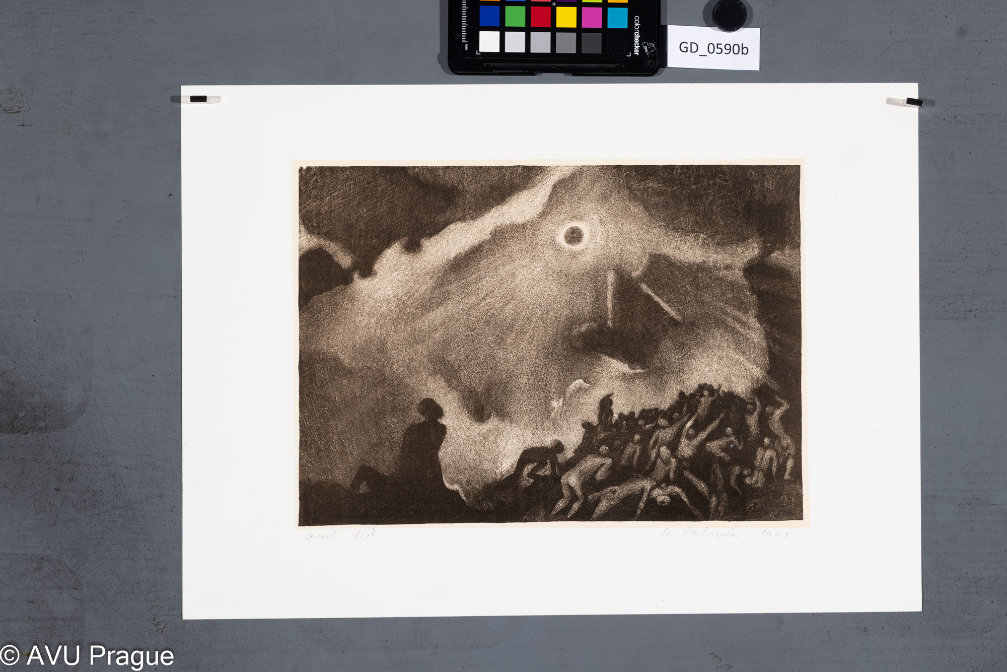 Karel Žaluda, Maxim Gorkij Danko - 
Ilustrace - zatmění,1971, Litografie - škrábaná - podtisk, 21,1 x 29,2, 31,2 x 43,4,Čepelák