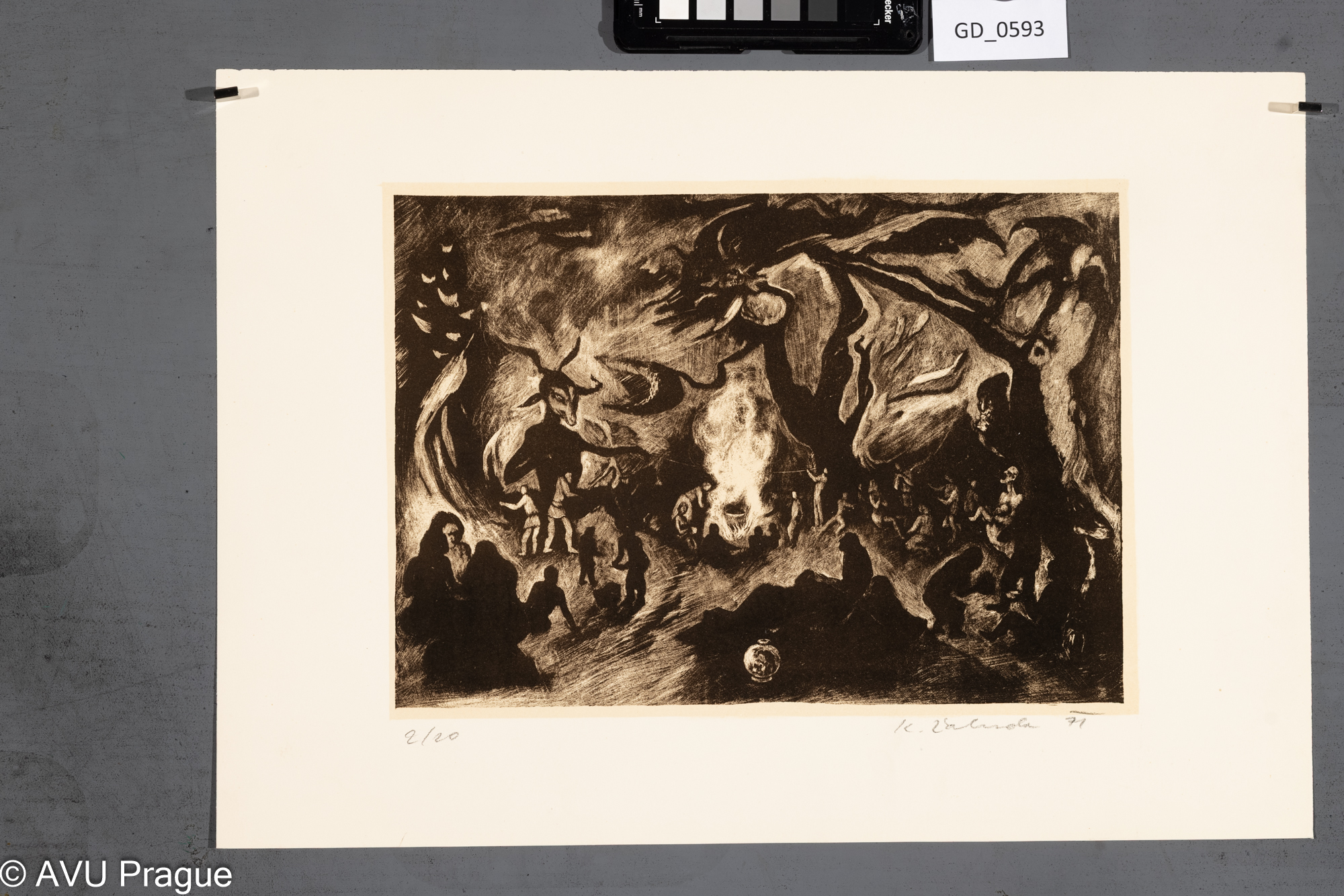 Karel Žaluda, Maxim Gorkij Danko - Ilustrace - démon II., 1971, Litografie - škrábaná - podtisk, 21,8 x 30,3, 31,1 x 44,4,Čepelák