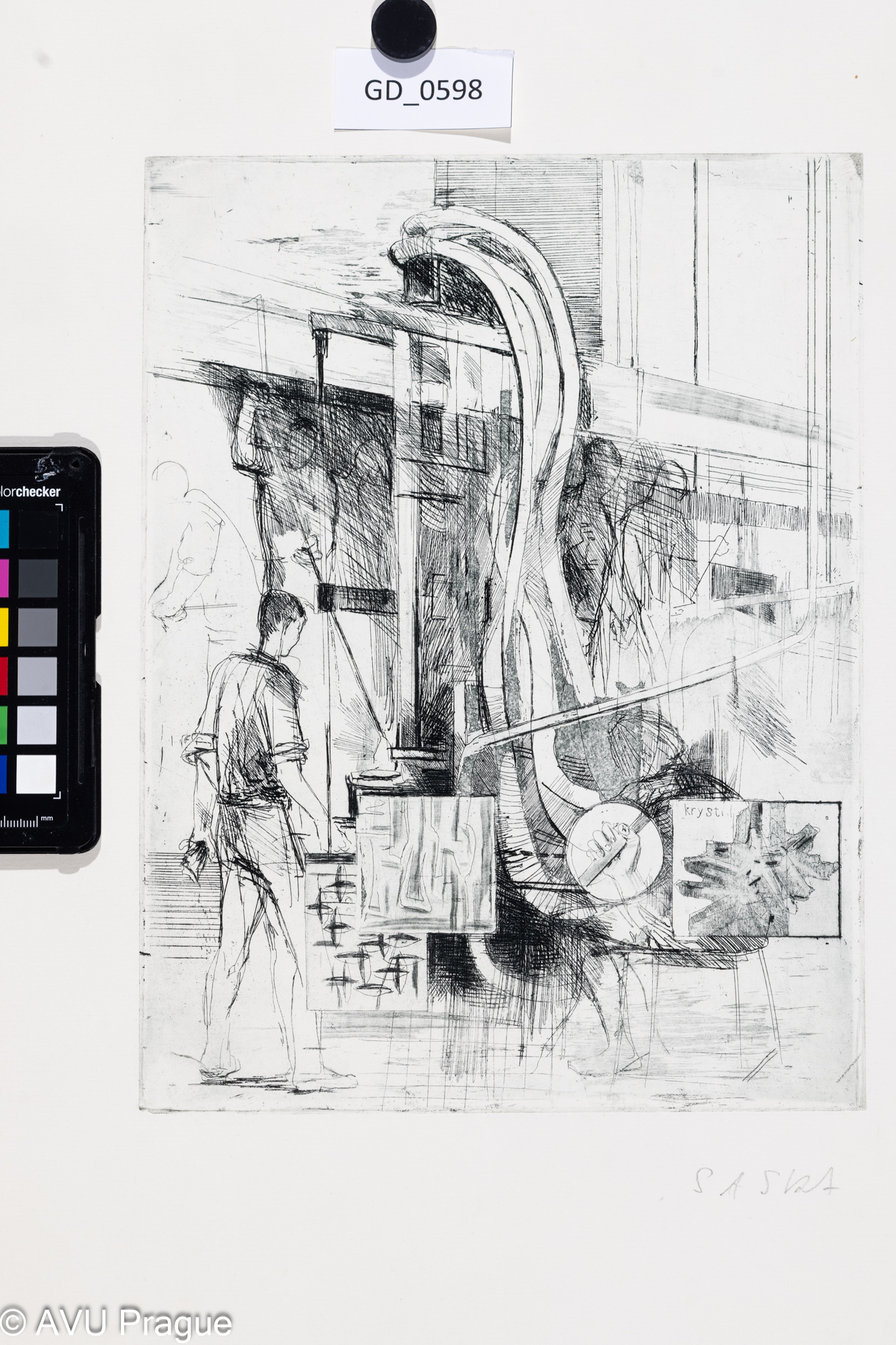 Josef Saska, Ve sklárně I.,Lept / akvatinta, 29,4 x 22,3, 49,2 x 38,4, Čepelák