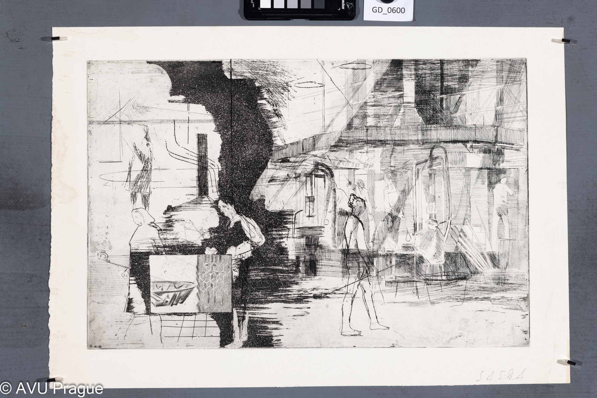 Josef Saska, Ve sklárně III.,Lept / akvatinta, 32,2 x 49,2,39,8 x 57,9, Čepelák