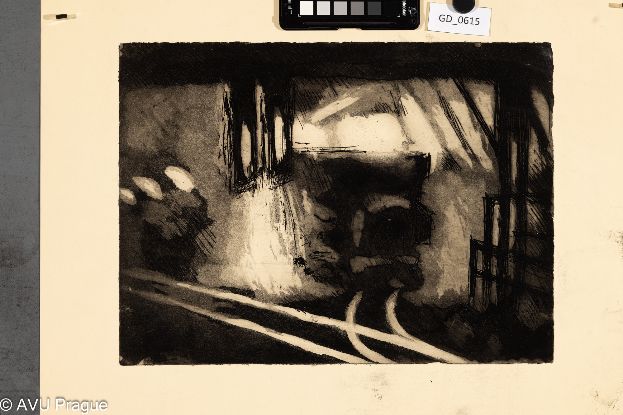 Vladimír Neuwirt, V továrně - uzkokolejná dráha SOPN,Lept / akvatinta, 28,7 x 38,5,42,8 x 52,4, Čepelák