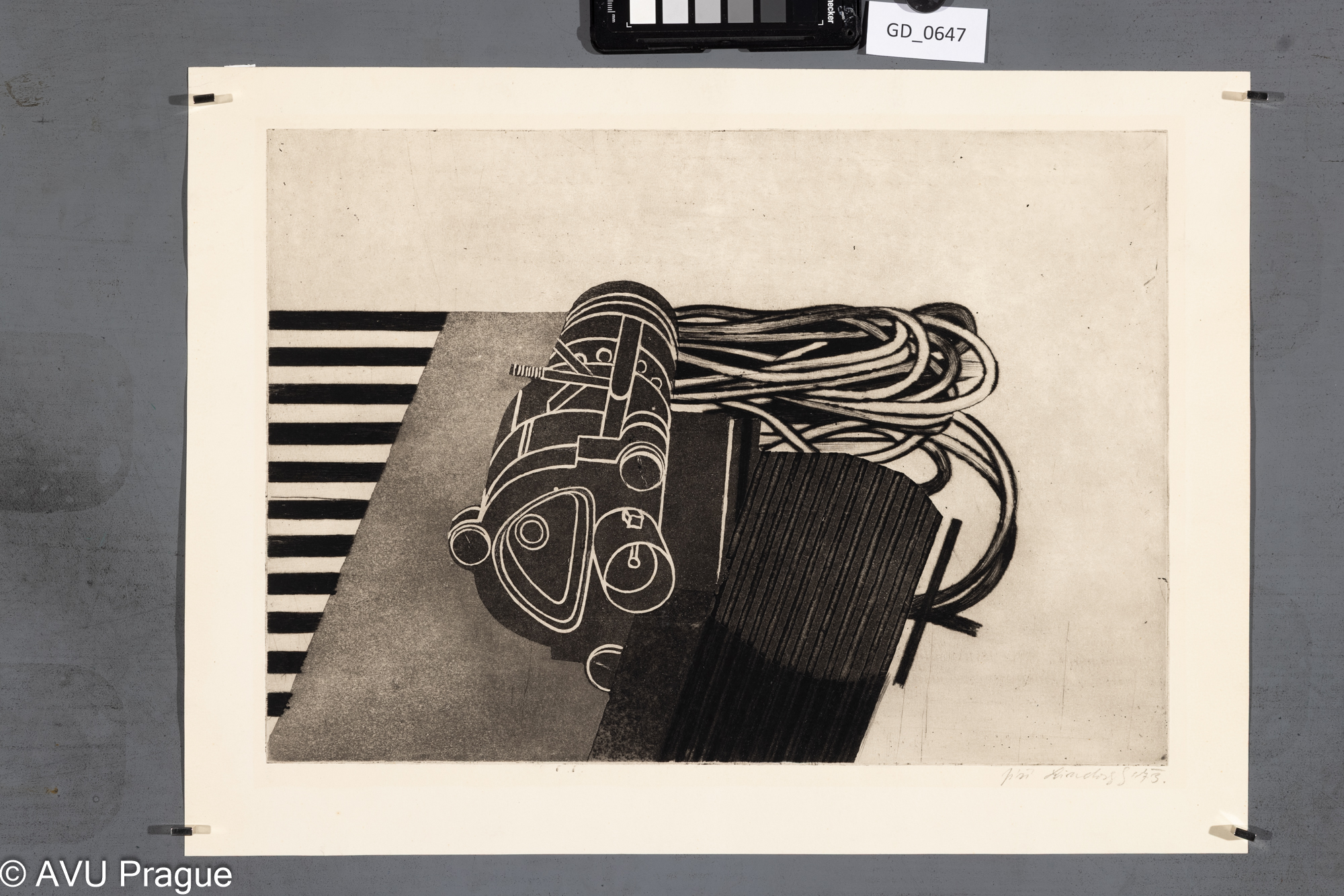 Jiří Lindovský, Stoj III., 1973,Suchá jehla / akvatinta, 29,8 x 41,7, 36,2 x 49,2, Čepelák