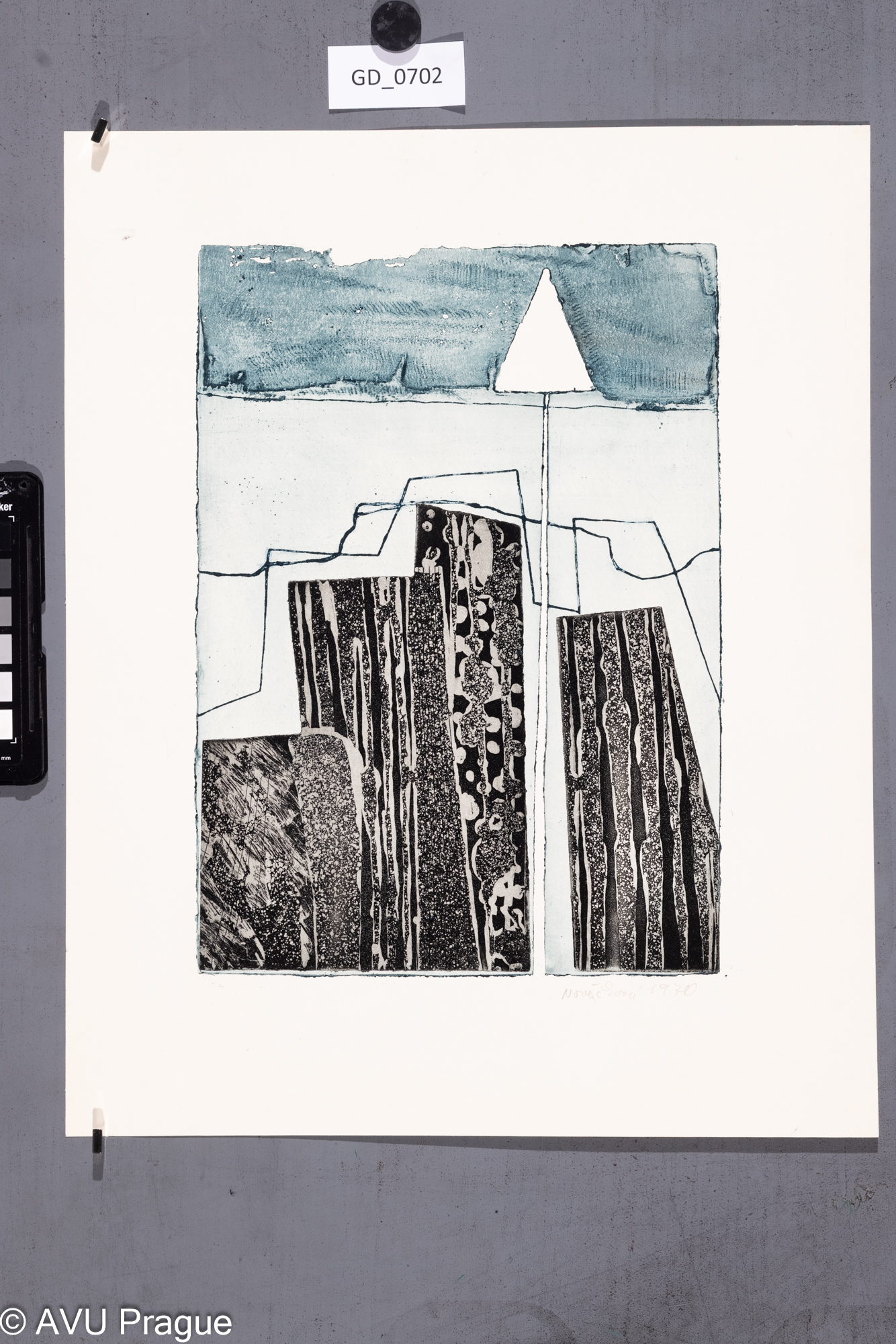 Zuzana Nováčková, Abstraktní kompozice, 1970, Akvatinta - prolept - dvě desky, 29 x 20,9,40,3 x 32,5, Čepelák