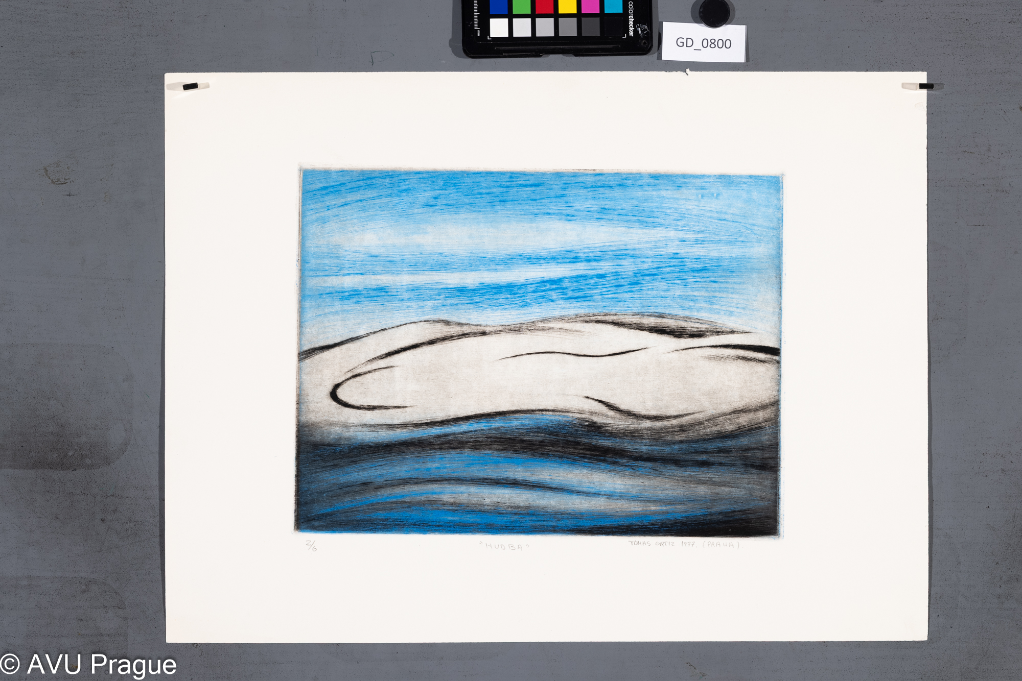 Tomas Ortiz, Hudba, 1977,Suchá jehla, dvě barvy, 37,5 x 31,2, 37,5 x 50, 
Čepelák (zahraniční stážista)