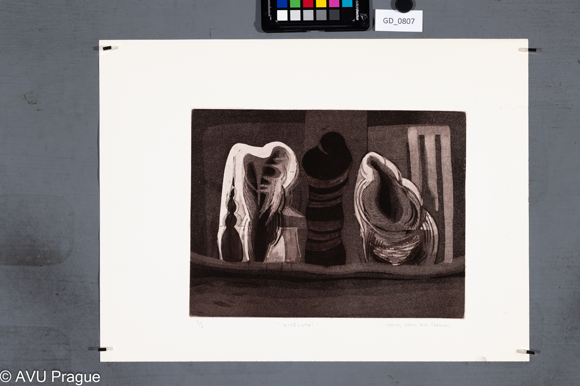 Tomas Ortiz, Vítězství, 1977, Lept / akvatinta, 24,3 x 32, 37,3 x 49,8, 
Čepelák (zahraniční stážista)