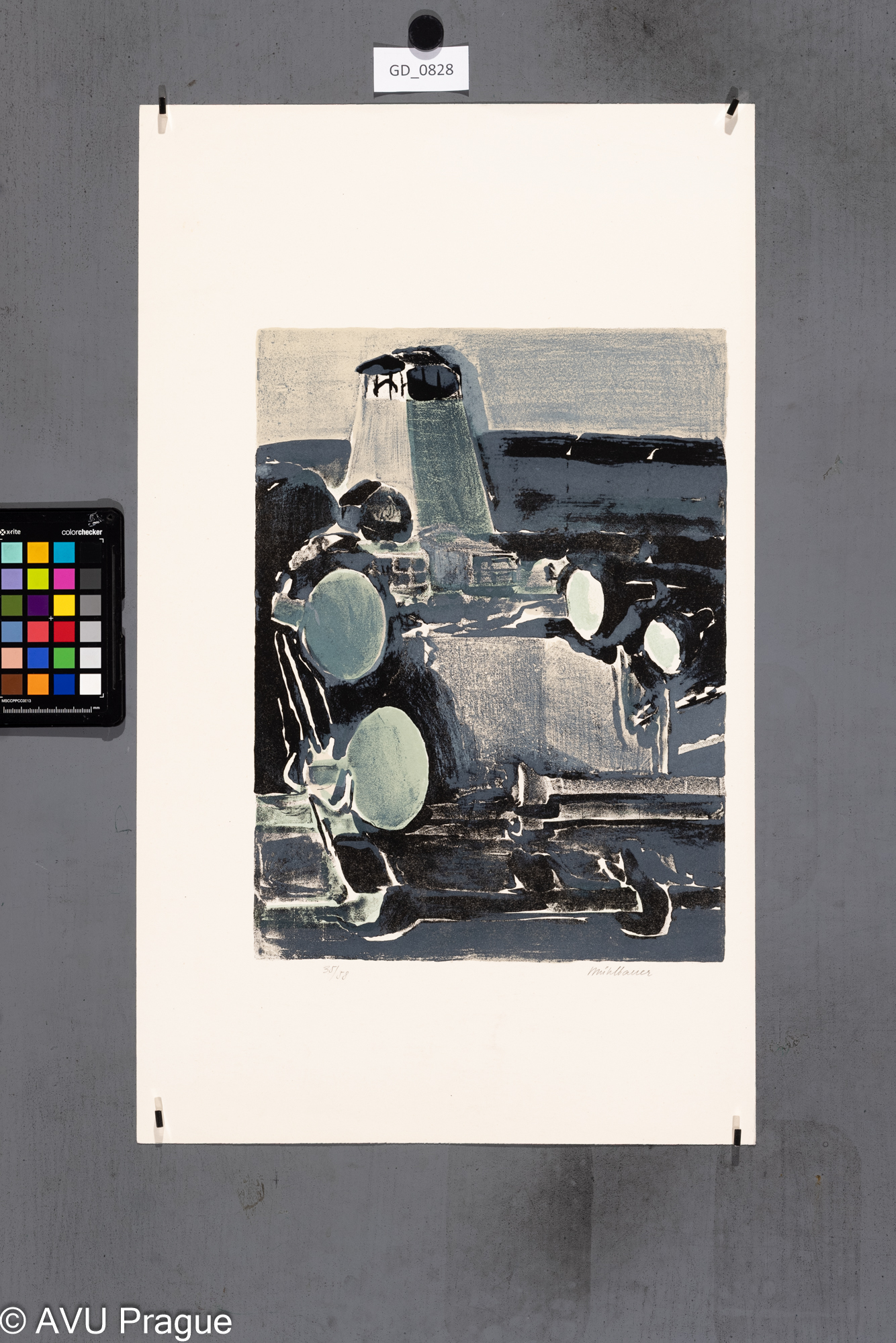 Pavel Mühlbauer, Stroj, 70. léta, Litografie, tři barvy,36 x 26,7,59,4 x 35,5, Smetana