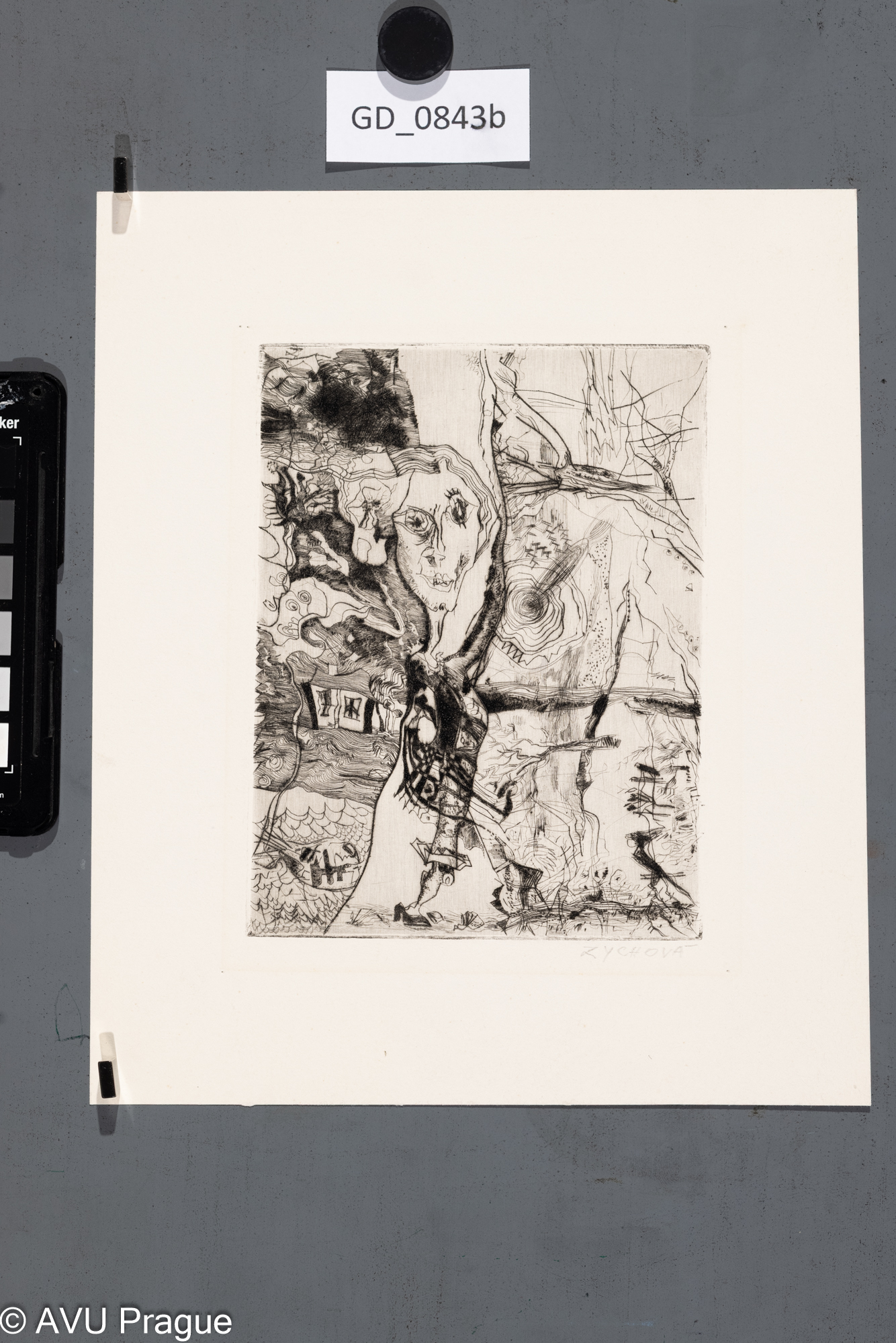 Miroslava Zychová, Ženská postava v krajině s domem, 60.léta, Suchá jehla, 16 x 12,3, 35,9 x 27,6,Souček