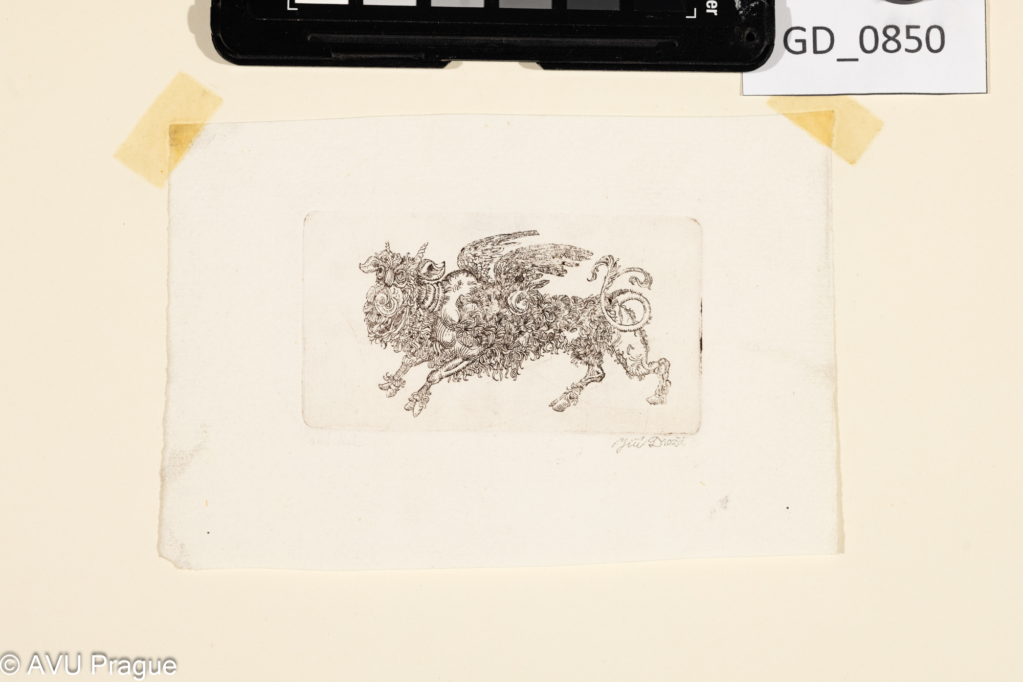 Jiří Drožď, Kozorožec s křídly, 70. léta, Lept, 4,9 x 8,9, 9,9 x 14,Ondráček