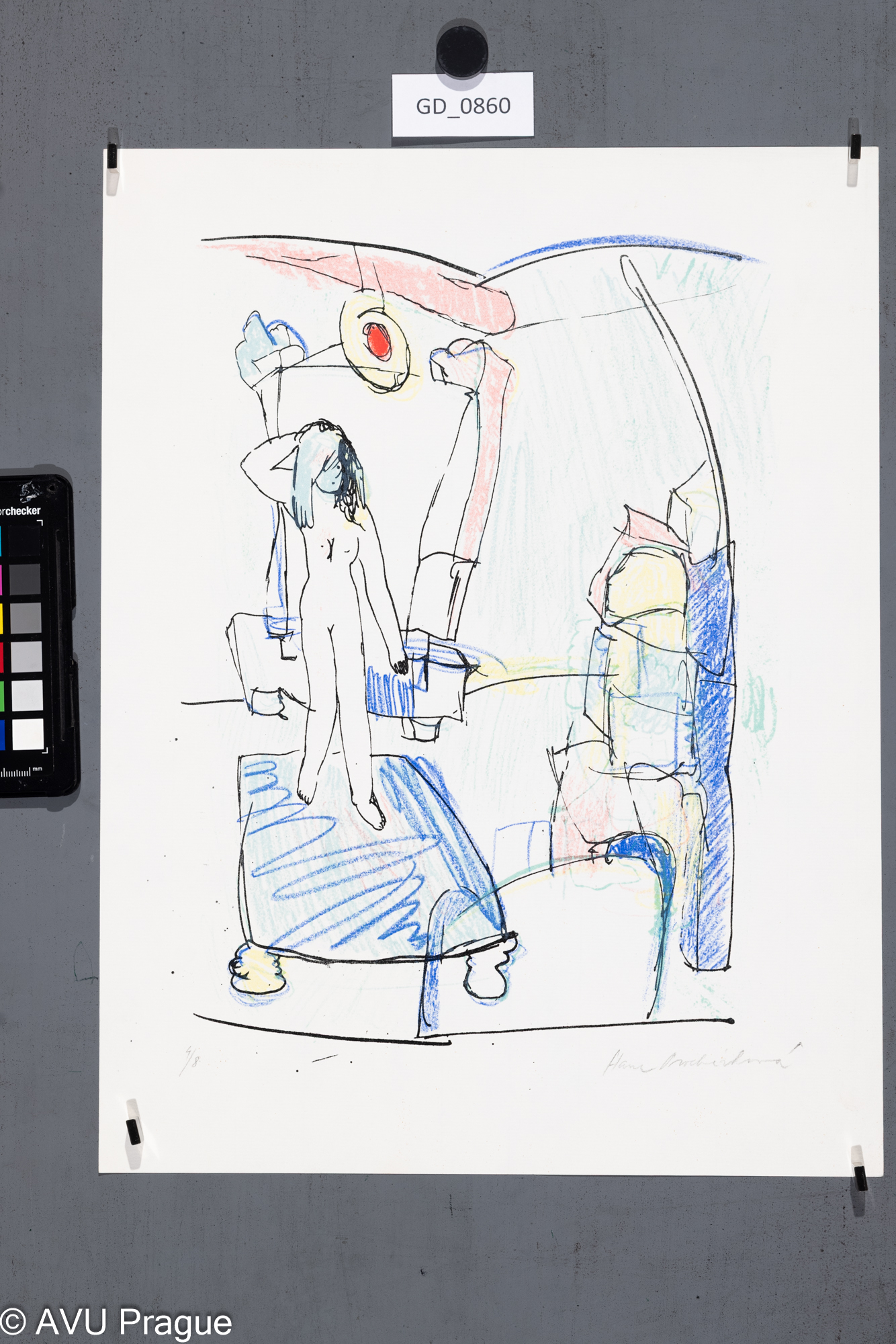 Hana Procházková, Stojící žena postelí, 4/8, 70.léta, Litografie, pět barev, 31,5 x 23, 39,8 x 30,3,Fišárek