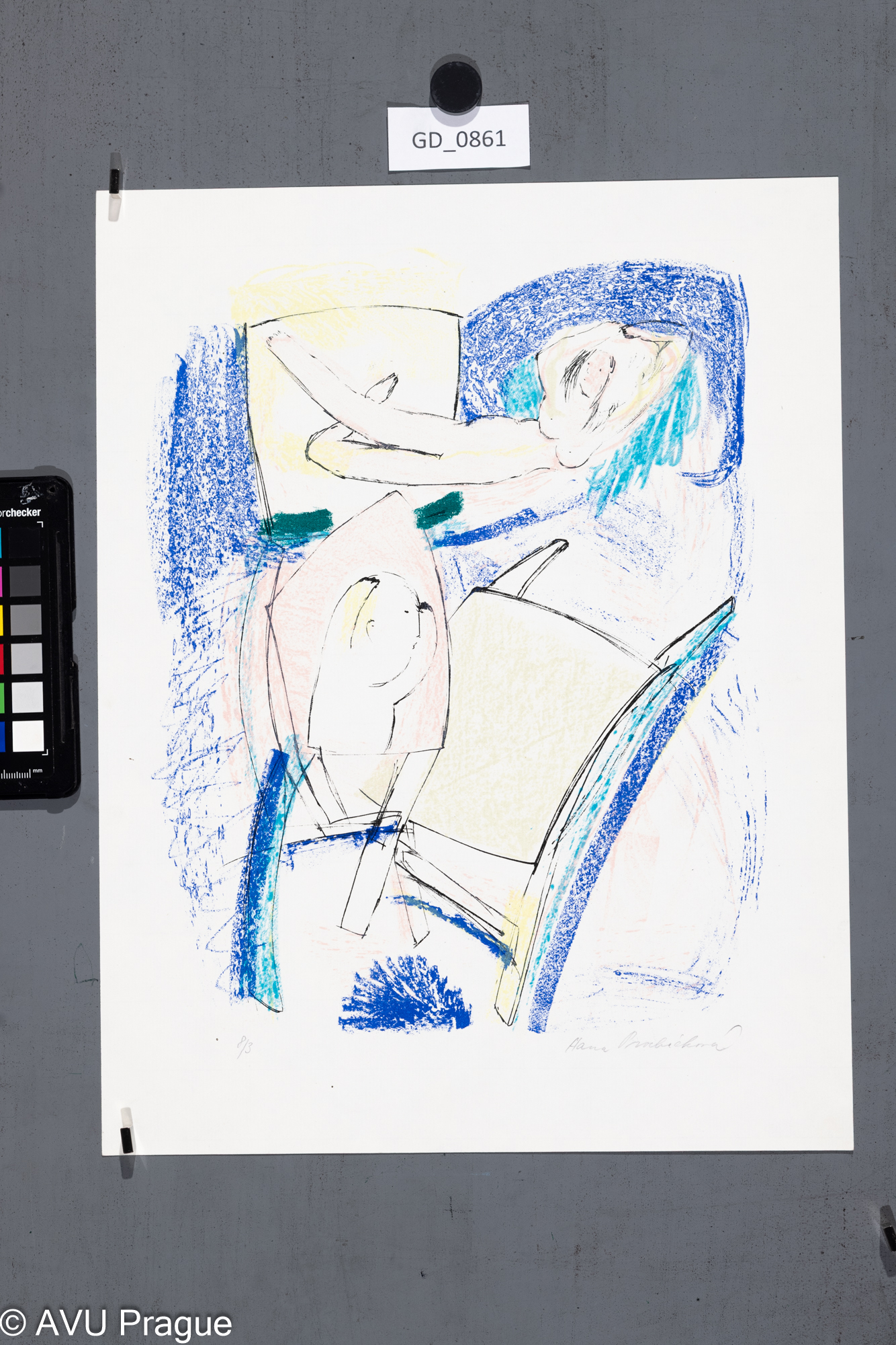 Hana Procházková, Žena na lůžku, 8/3, 70.léta, Litografie, pět barev, 29,5 x 23,5, 37,6 x 29,Fišárek