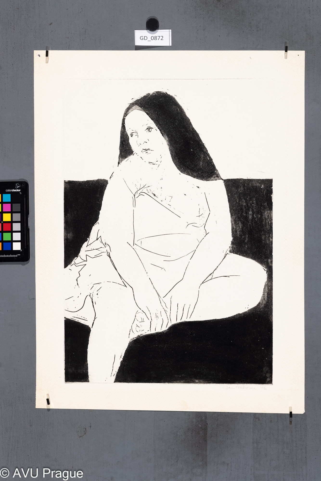 Jan Moravec, Sedící žena s dlouhými vlasy, 1976Lept / akvatinta, 47,5 x 32,3, 56,1 x 41,5, Čepelák