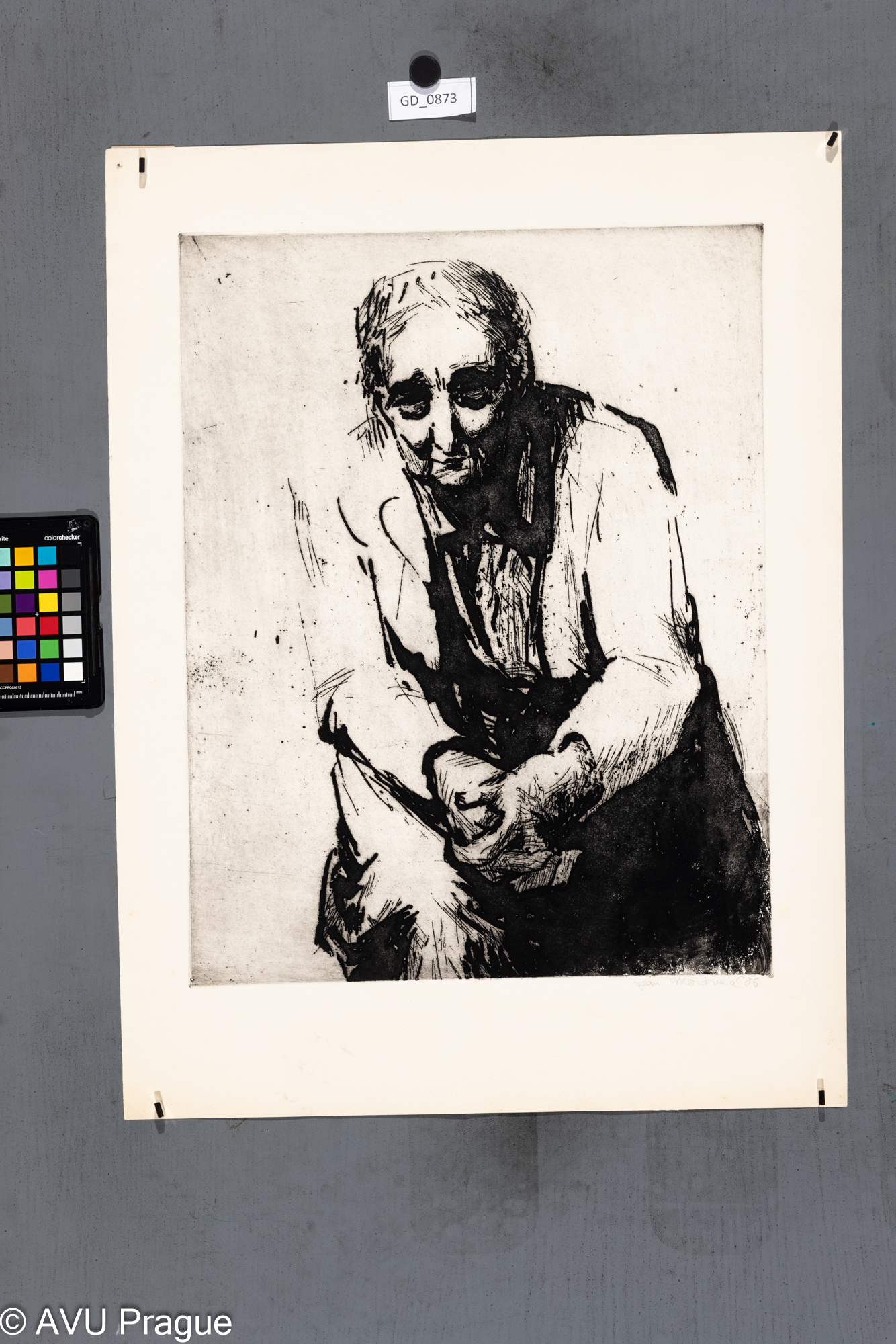 Jan Moravec, Sedící stařena,1976, Lept, 48,7 x 37,5, 62,6 x 46,6, Čepelák