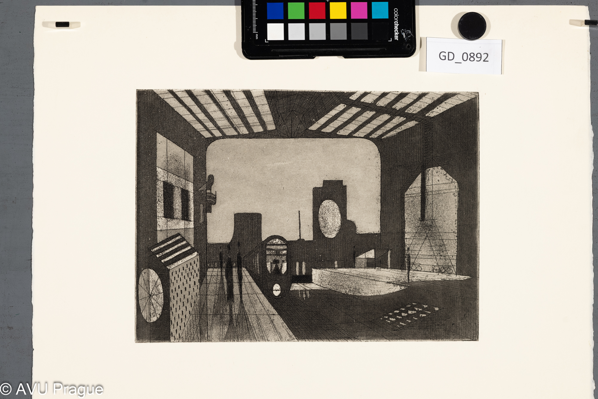 nezjištěno, Město - imaginární - nádraží, Lept / akvatinta, 18,1 x 24,6, 32,7 x 40,3