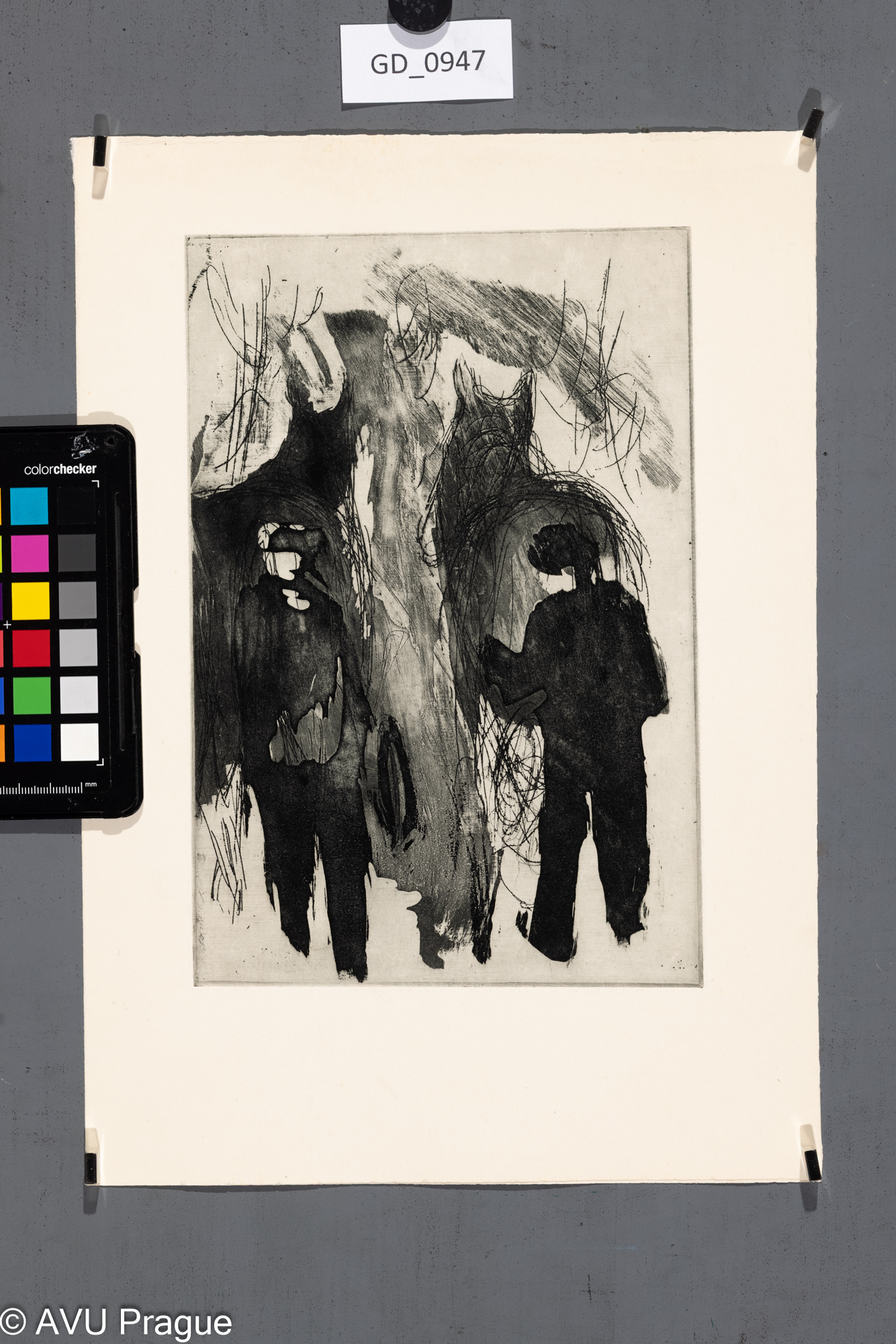 nezjištěno, Ilustrace - dvojice s koněm, Lept / akvatinta, 24 x16,3, 33,4 x 23,5