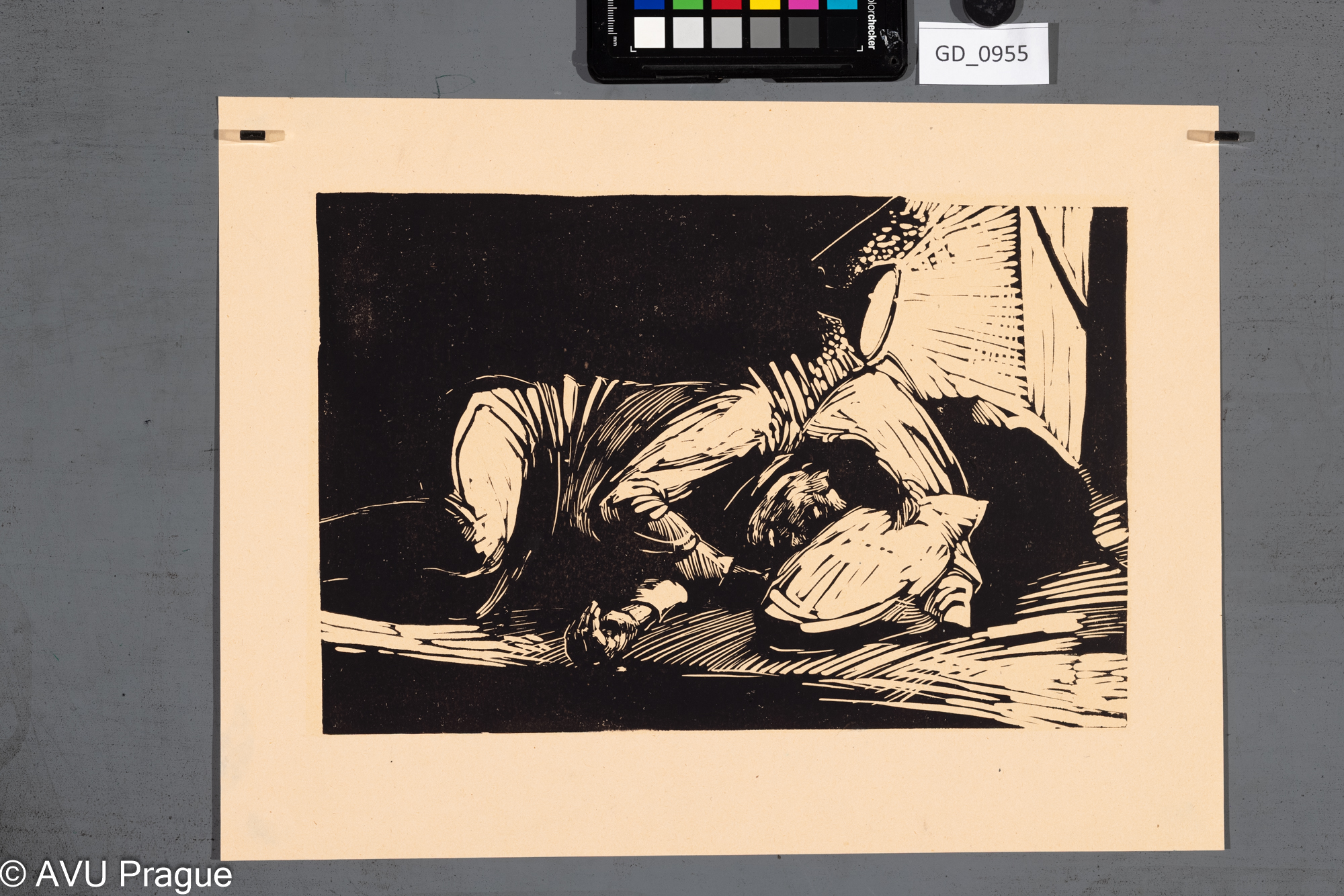 nezjištěno, Ležící postava - nemocný,  Linoryt, 20,4 x 31,3,29,2 x 39