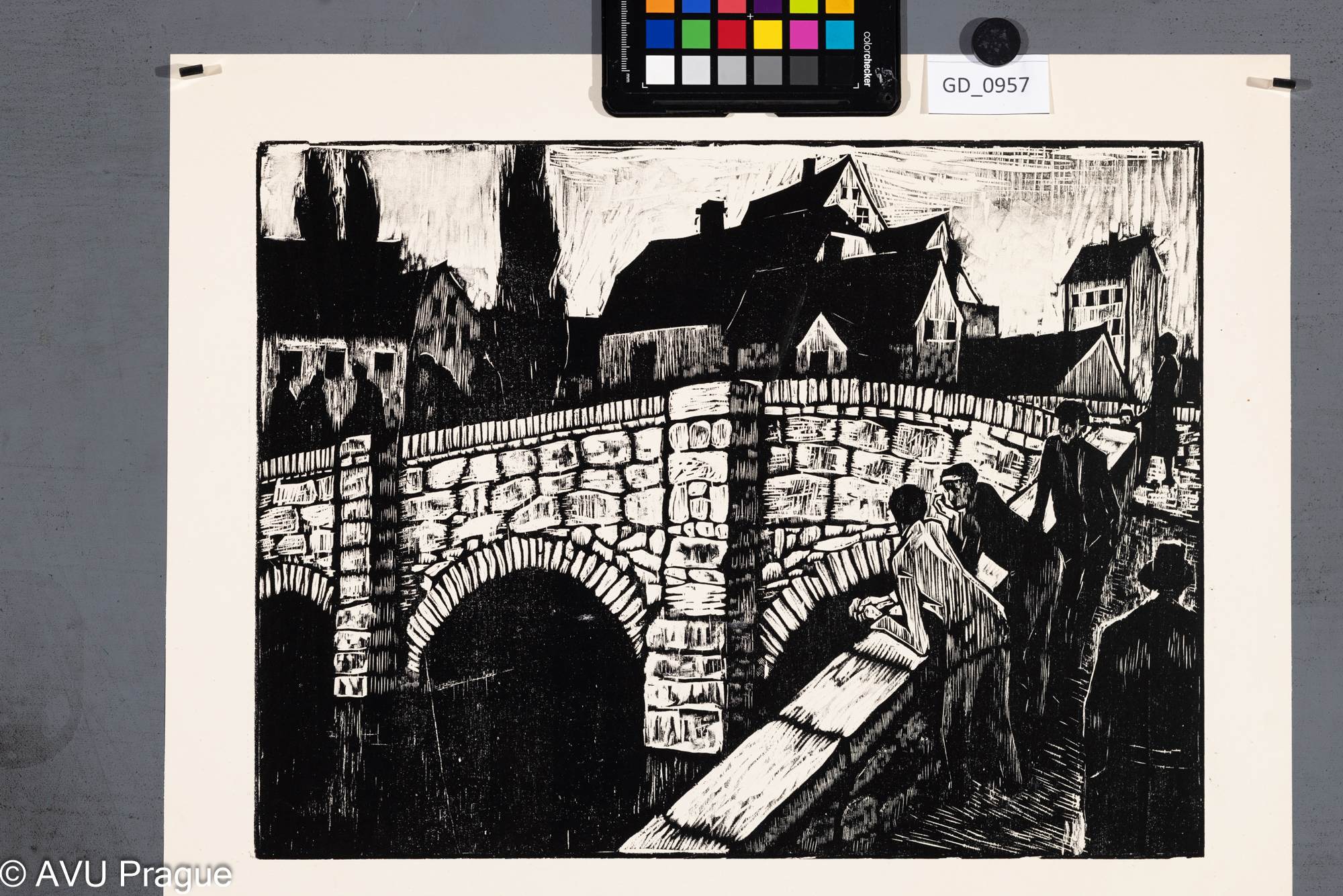 nezjištěno, Nábřeží ve městě,Dřevoryt, 30 x 39,2, 39,5 x 47,1