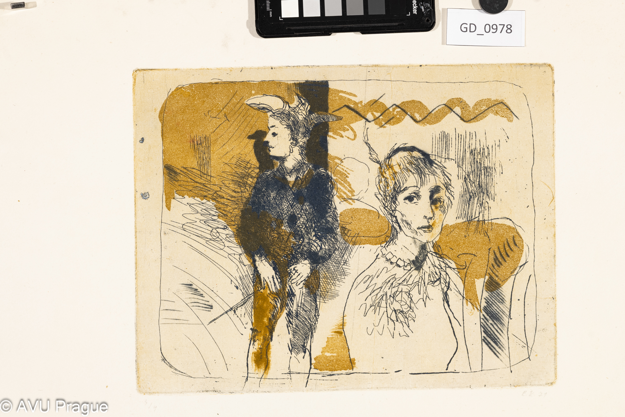 P. K.,Dvojice v kostýmech,1971,Lept / Suchá jehla / akvatinta - dve desky a barvy, 22,6 x 29,4,36,8 x 48,7,