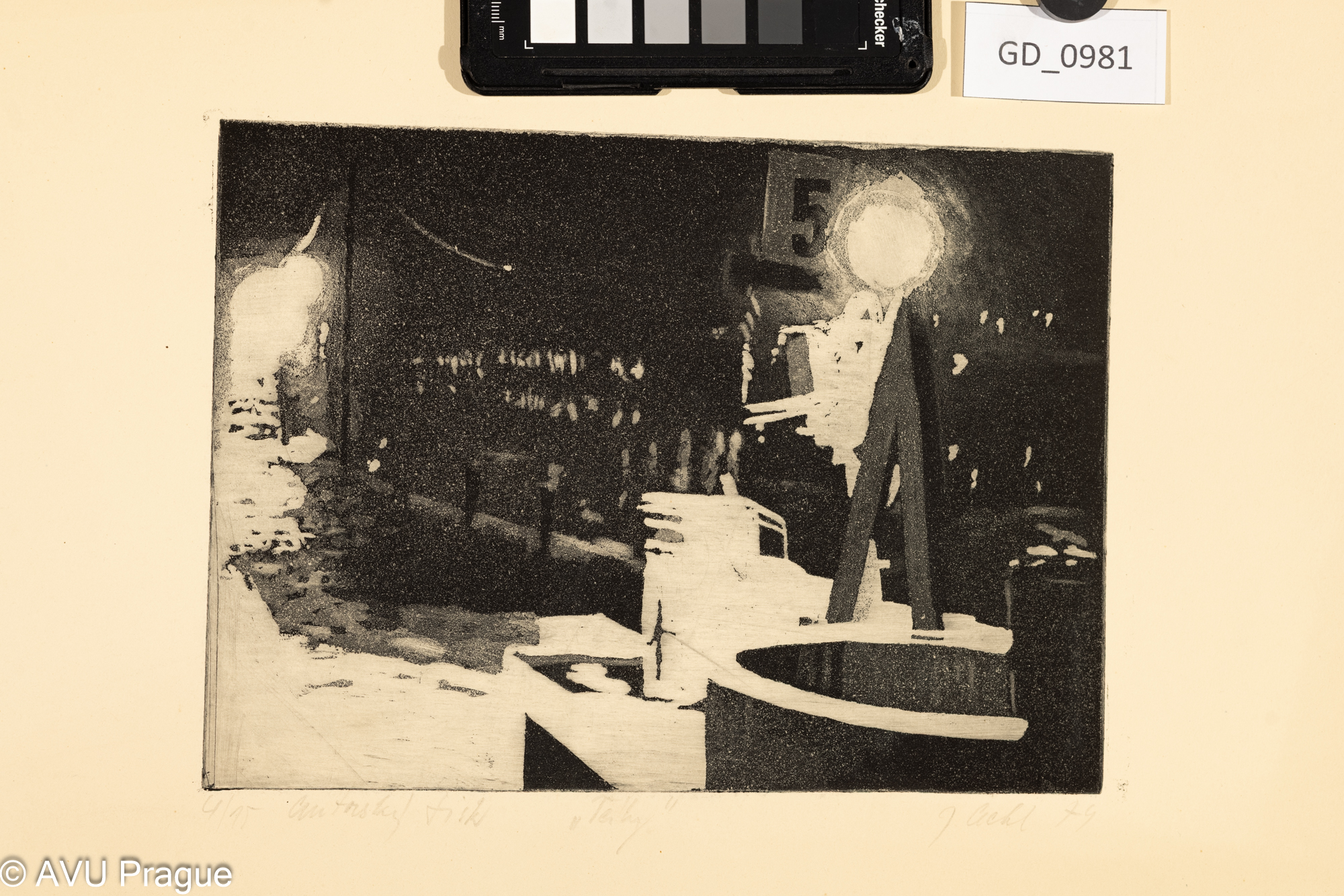 Jan Cechl, Město ve tmě, 1974,Akvatinta, 17,1 x 23,9, 31 x 45,2,Souček