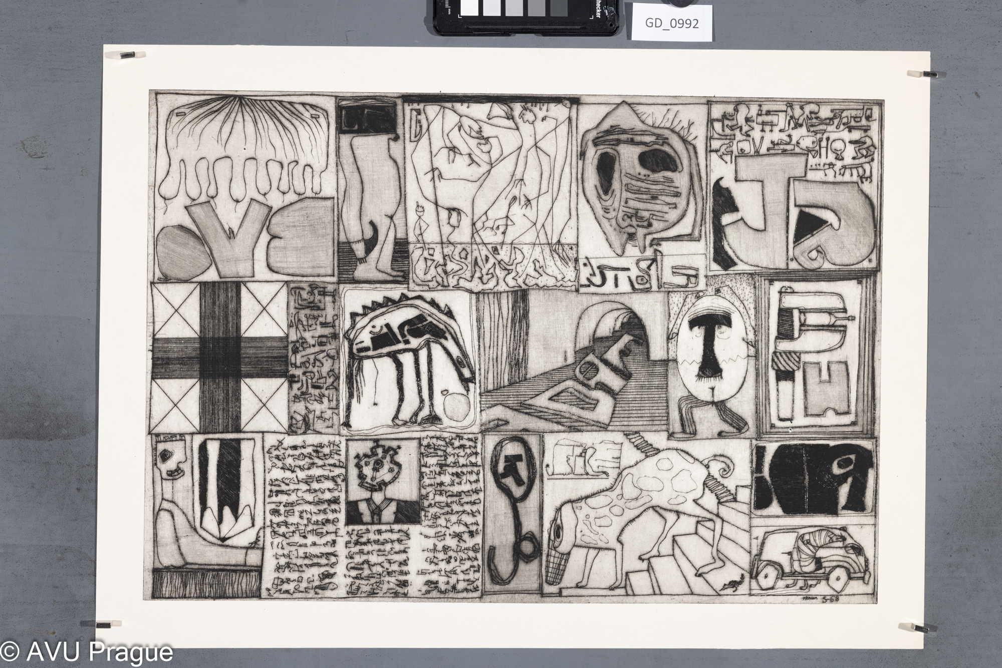 Nezjištěno, Kompozice- různé náměty, cca 1968, Suchá jehla34,1 x 49,6, 40,6 x 56,1,