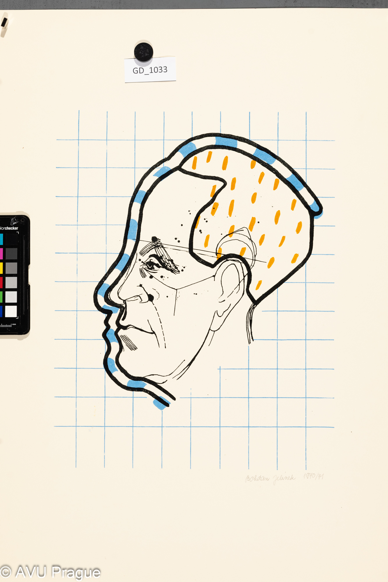 Bohdan Jelínek,profil muže, 1970 - 71, Litografie - tři barvy, 37,8 x 29,1, 62,4 x 44, Čepelák