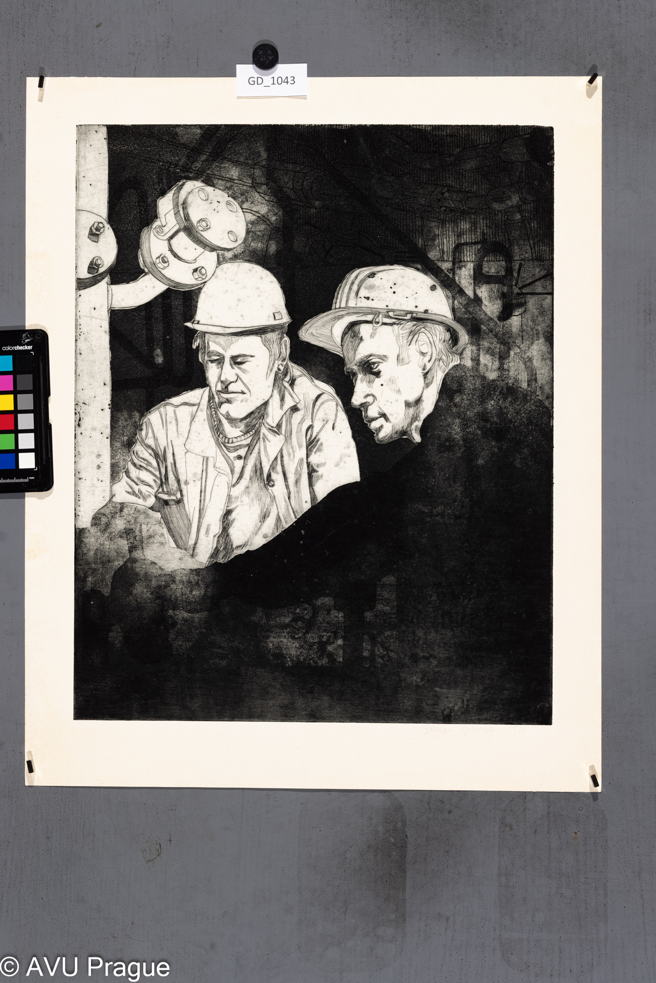 Bohdan Jelínek, Dělníci na stavbě,1974, Lept / akvatinta, 45,8 x 36,8,54,9 x 44, Čepelák