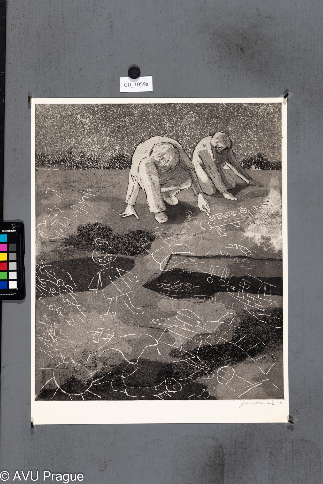 Jan Holoubek, Děti na ulici s křídou, 1975, Lept / akvatinta,47,8 x 39,3 , 52,1 x 41,2, Čepelák