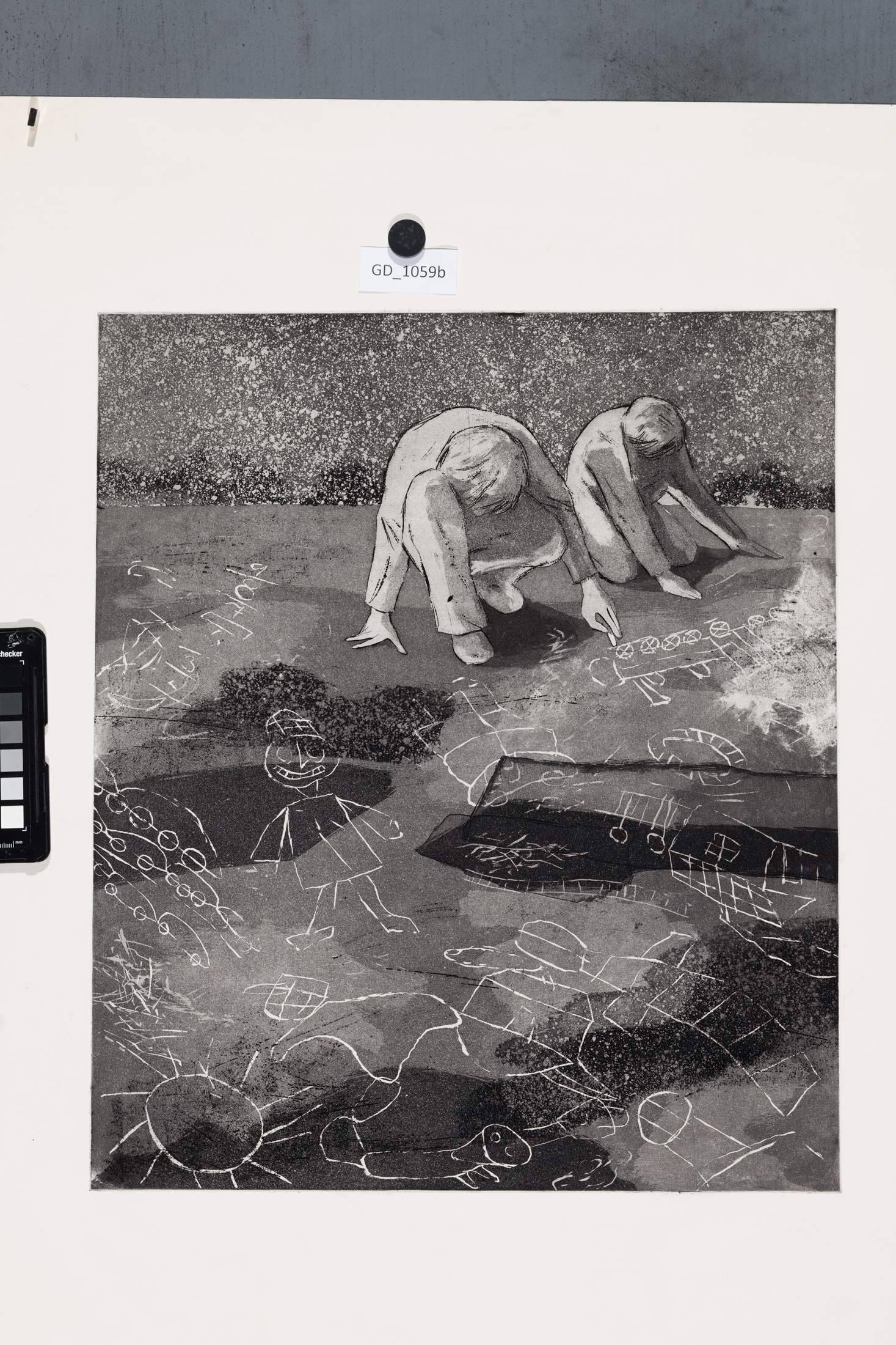 Jan Holoubek, Děti na ulici s křídou, 1975 , Lept / akvatinta,47,8 x 39,3 , 75 x 60,2, Čepelák